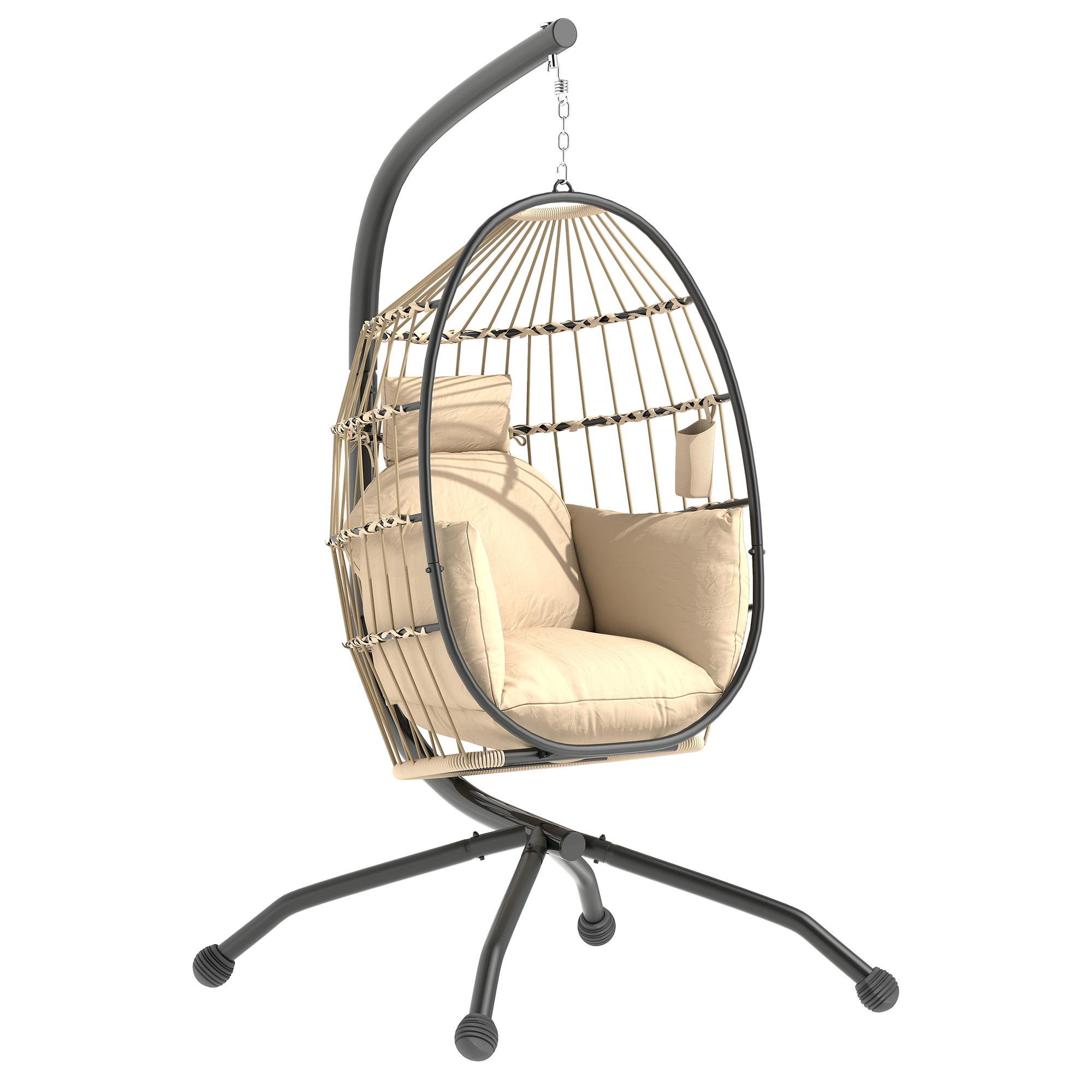 Outsunny Eiförmiger Hängesessel mit Gestell, faltbar Hängeschaukel mit Becherhalter, abnehmbar waschbar Sitz, Hängematte, Schaukelsessel für Terrasse, Garten, Khaki Aosom