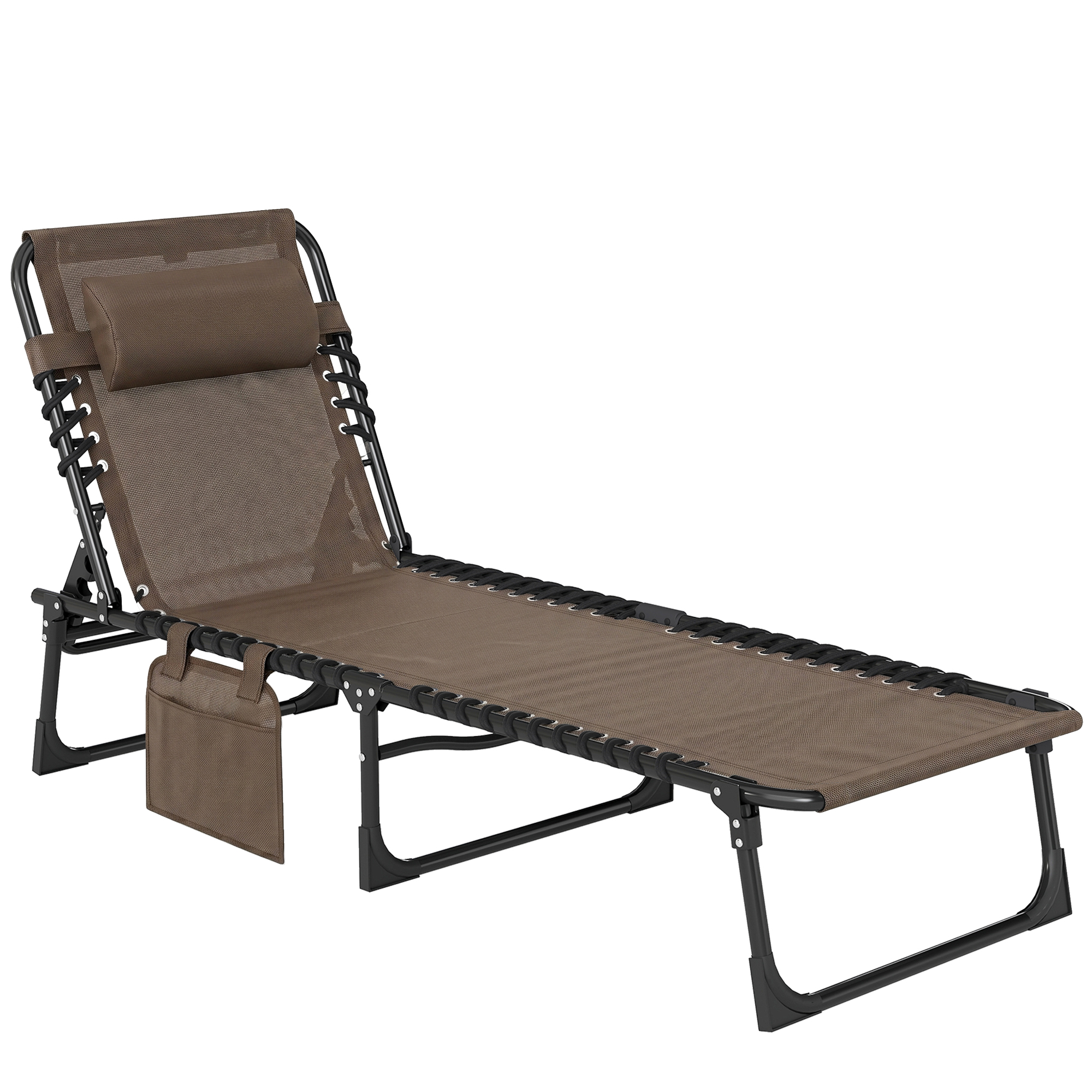 Outsunny Sonnenliege klappbar Gartenliege mit Kopfkissen, Seitentasche, Liegestuhl mit 5-Fach verstellbare Rückenlehne, wetterfeste Campingliege bis 120 kg belastbar, für Garten Strand Pool, Braun   Aosom