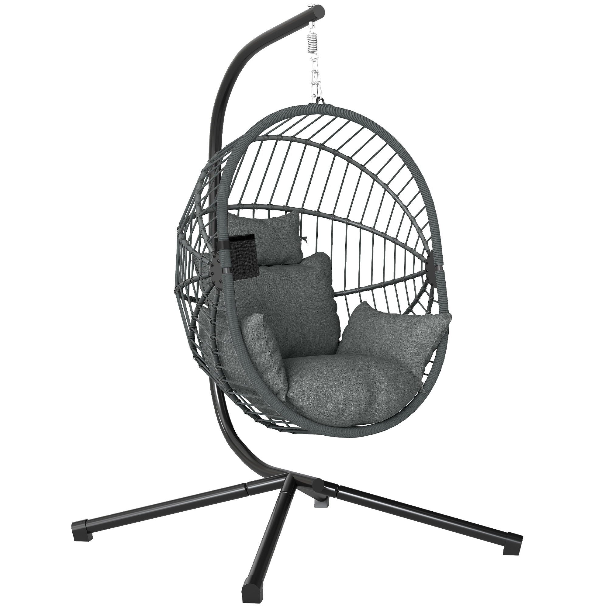 Outsunny Hängesessel Hängeschaukel mit Kissen und Becherhalter, klappbarer Sitzkorb in Rattanoptik bis 120 kg belastbar aus Stahl Grau Aosom.de