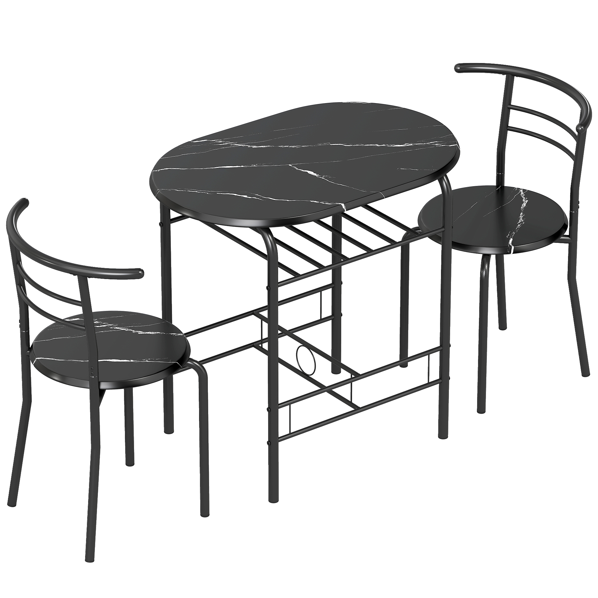 HOMCOM 3-teiliges Esszimmer-Set, 80 cm Küchentisch mit Stühlen für 2 Personen und Ablageregal, perfekt für kleine Räume, Esszimmer, Wohnzimmer, Apartment, schwarze Marmor-Optik Aosom