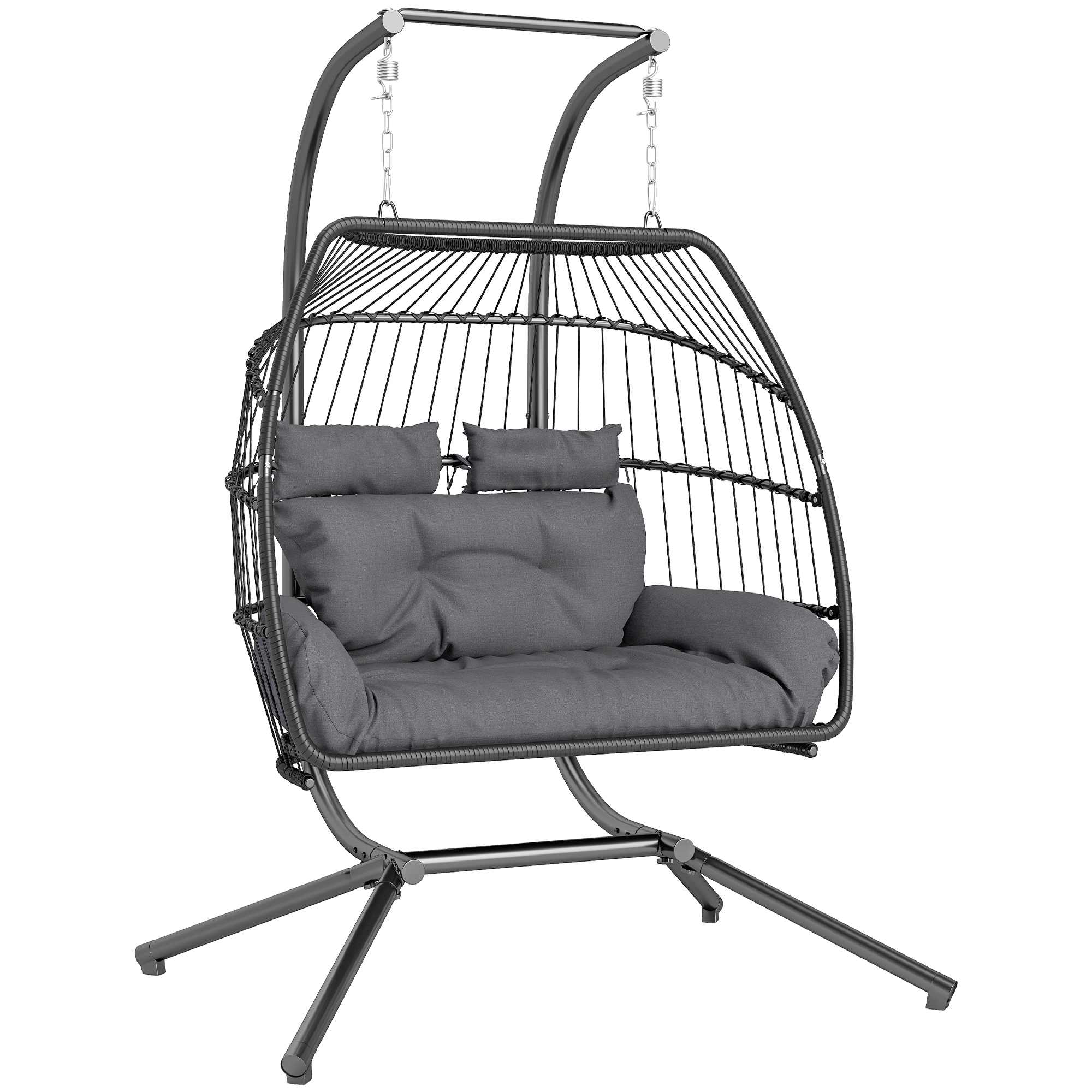 Outsunny Hängesessel mit Gestell faltbar Hängekorb mit Kissen Polyrattan Ergonomisch Hängeschaukel für 2 Personen Outdoor Hängestuhl belastbar bis 260kg Sessel für Balkon Terrasse Dunkelgrau Aosom