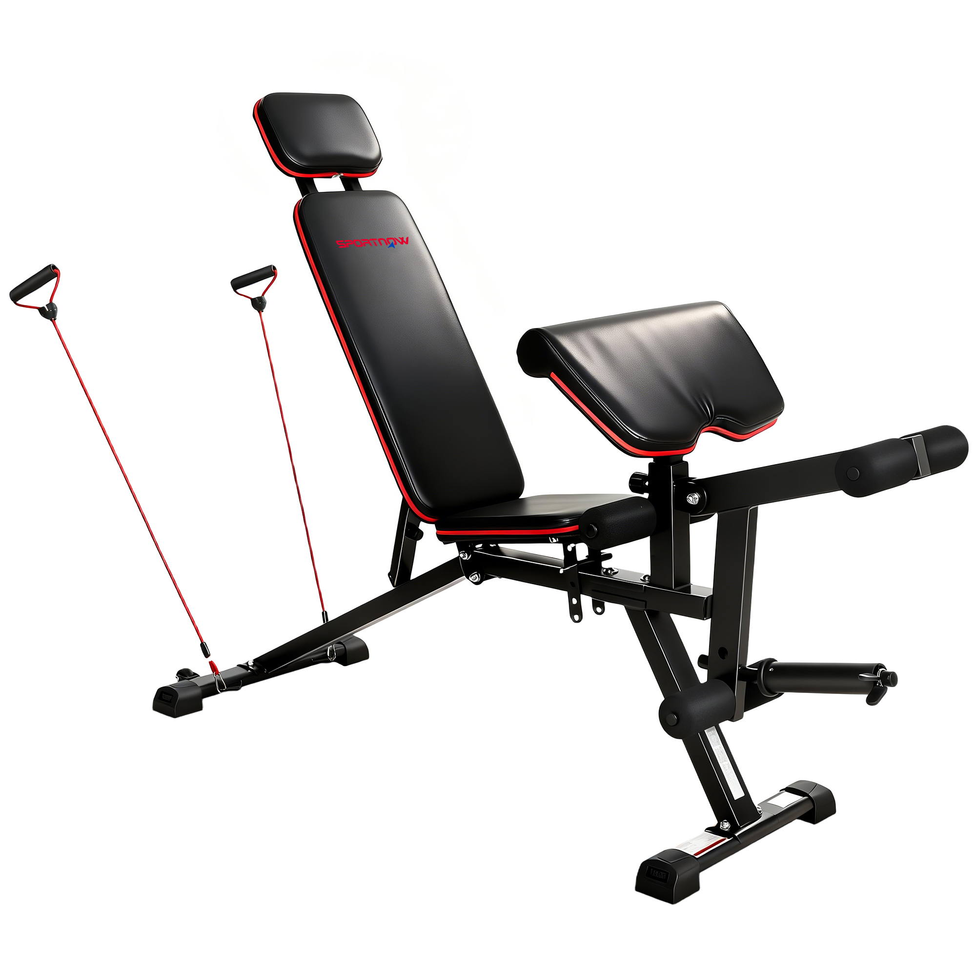 SPORTNOW Hantelbank verstellbar bis 300 kg 3 in 1 Trainingsbank mit Rollen Beinstrecker Curlpult langer Kopfstütze Schrägbank mit Widerstandsbändern Fitnessbank für Home Gym Zuhause Aosom