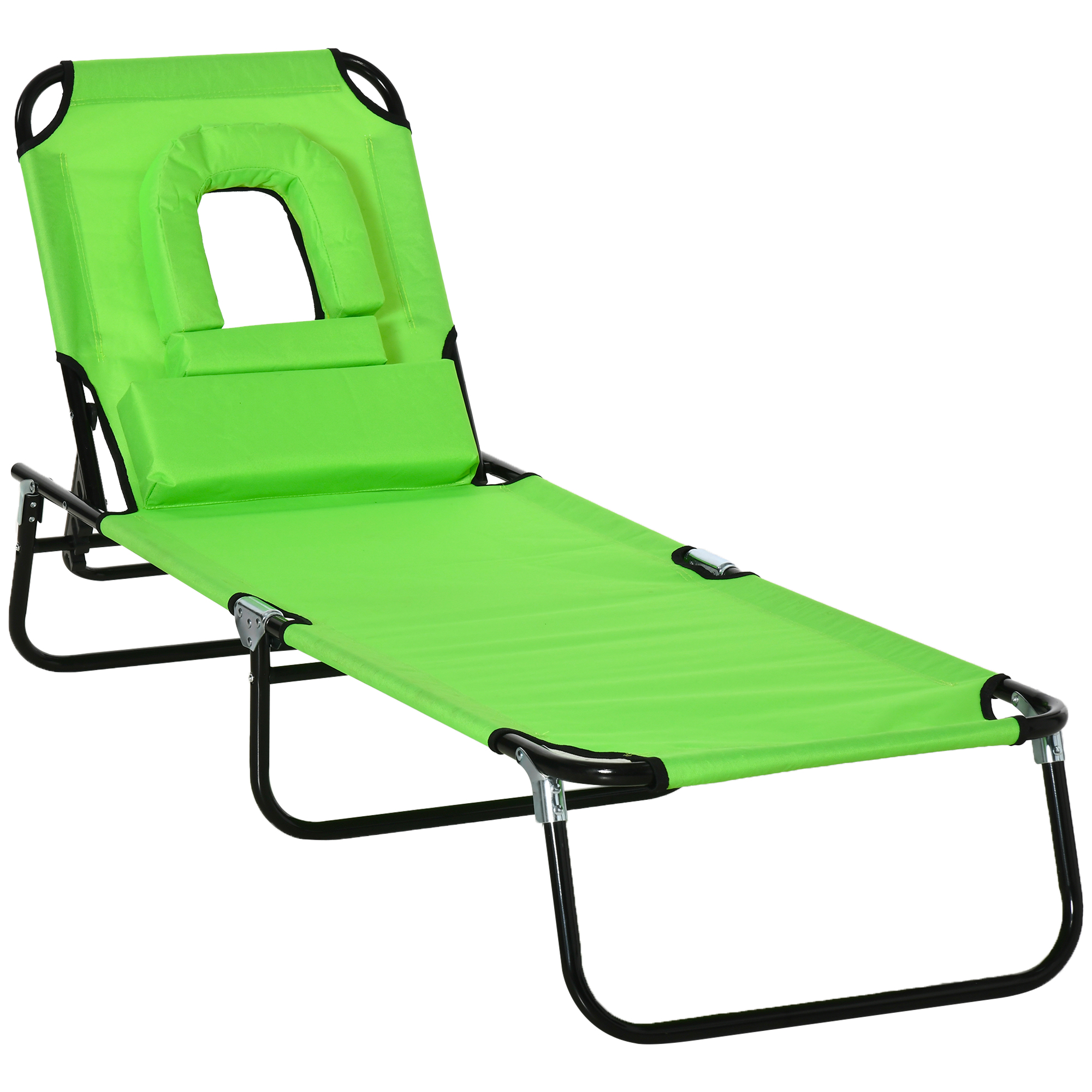 Outsunny Sonnenliege klappbar Gartenliege mit Gesichtsloch, Kopfkissen, Liegestuhl mit 4-Fach verstellbare Rückenlehne, wetterfeste Campingliege bis 120 kg belastbar, für Garten Strand Pool Grün   Aosom