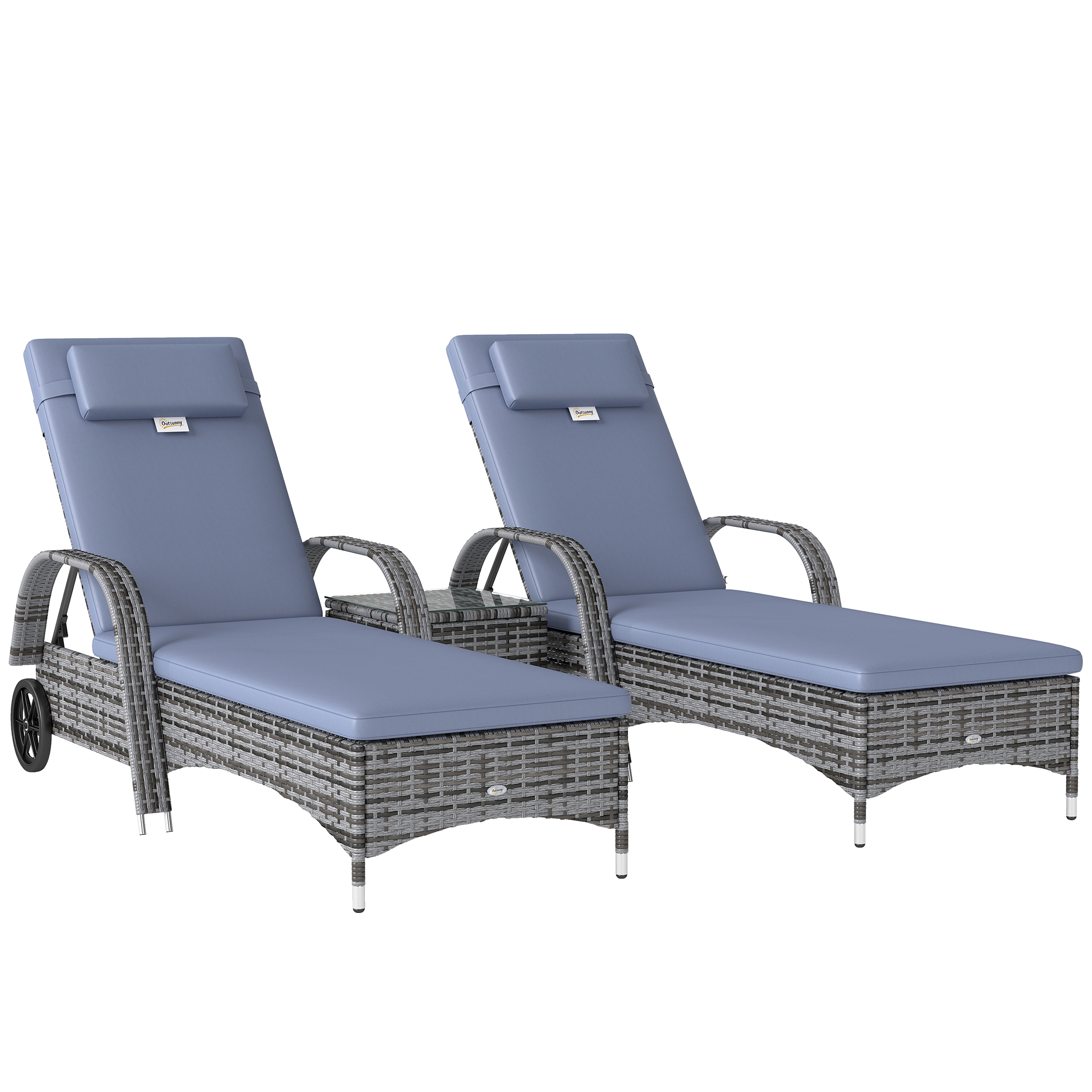Outsunny Sonnenliege Gartenliege Tisch 3er-Set Gartenmöbel, Polyrattan+Metall Grau Aosom