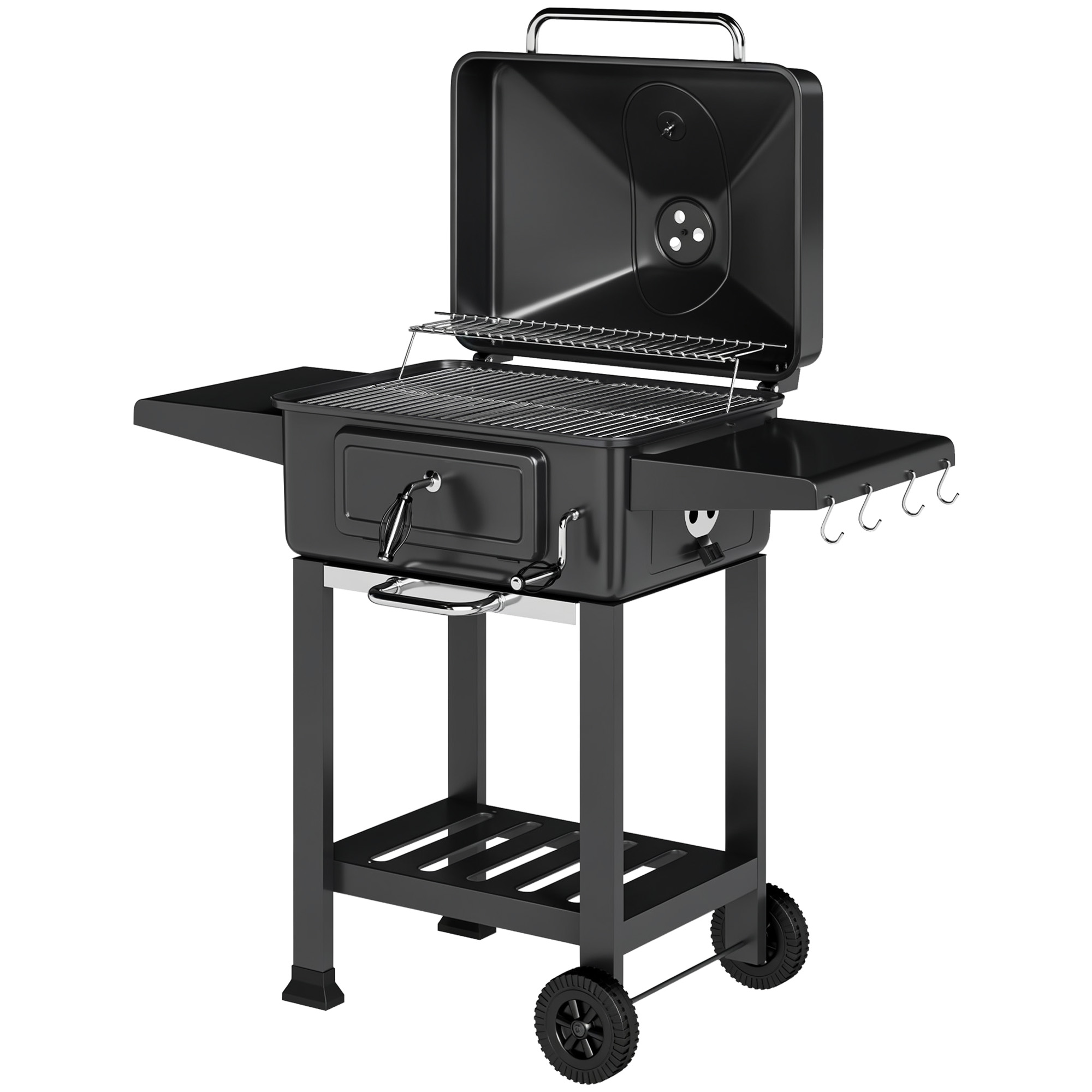 Outsunny Holzkohlegrill BBQ Smoker mit Deckel Thermometer höhenverstellbar Kohlepfanne Grillrost Seitentisch Aschefach Lüftungsschlitzen, Grillwagen mit Räder Kohlegrillwagen für Camping Garten Aosom