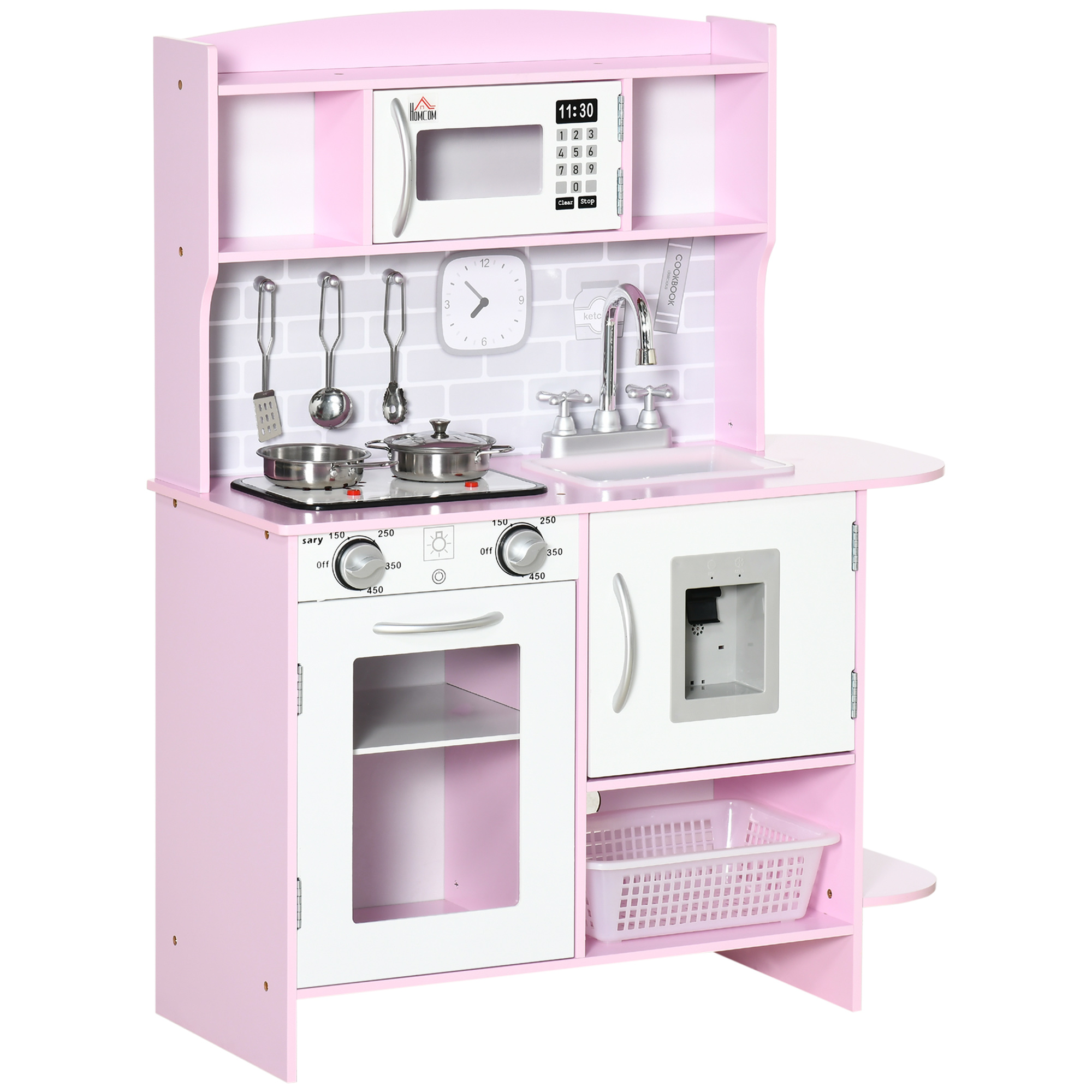 HOMCOM Kinderspielküche aus Holz, Spielküche mit Herd, Lichtern und Sounds, Mikrowelle, Wasserdispenser, Schränken, Spüle und Zubehör, 3-6 Jahre, Rosa Aosom