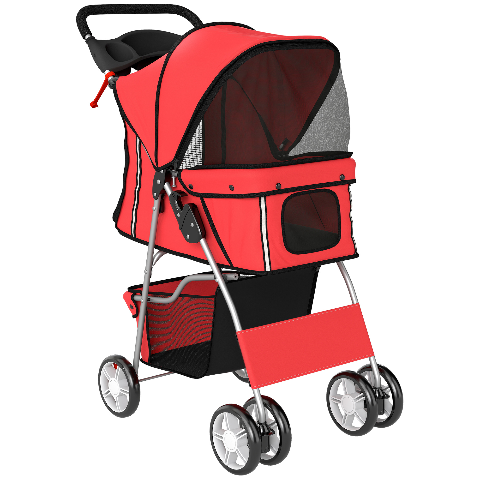 PawHut Hundewagen Hundebuggy Faltbar Katzenwagen bis 10kg mit Reflektorstreifen Aufbewahrungskorb waschbar Kissen Netzfenstern Getränkehaltern 360° drehbare Räder mit Bremse für kleine Hunde Rot Aosom