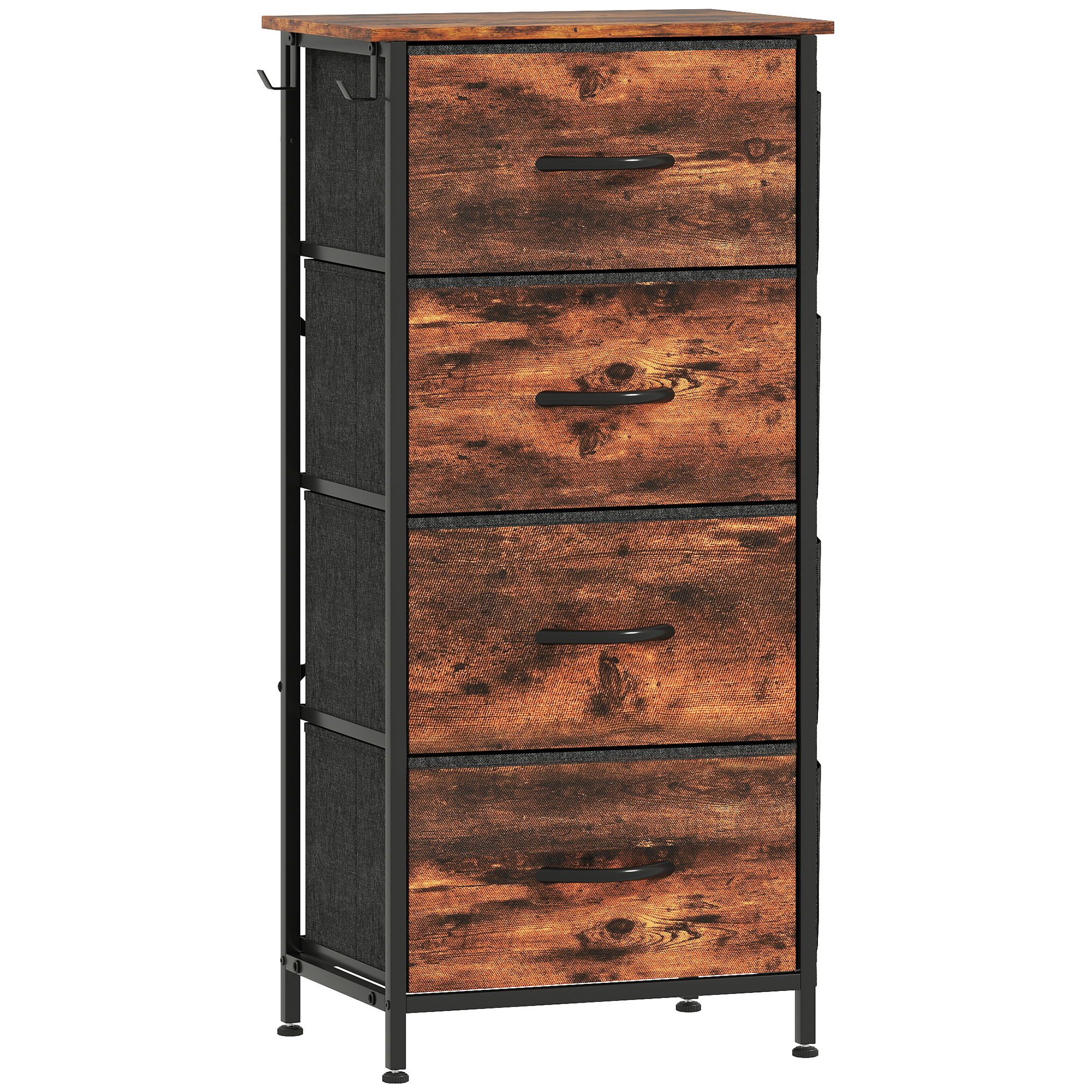 HOMCOM Kommode 4 Schubladen aus Stoff, Aufbewahrungsmöbel mit 4 Taschen, 2 Haken, Stahlrahmen, Kommode für Wohnzimmer, Schlafzimmer, Flur, rustikales Braun Aosom