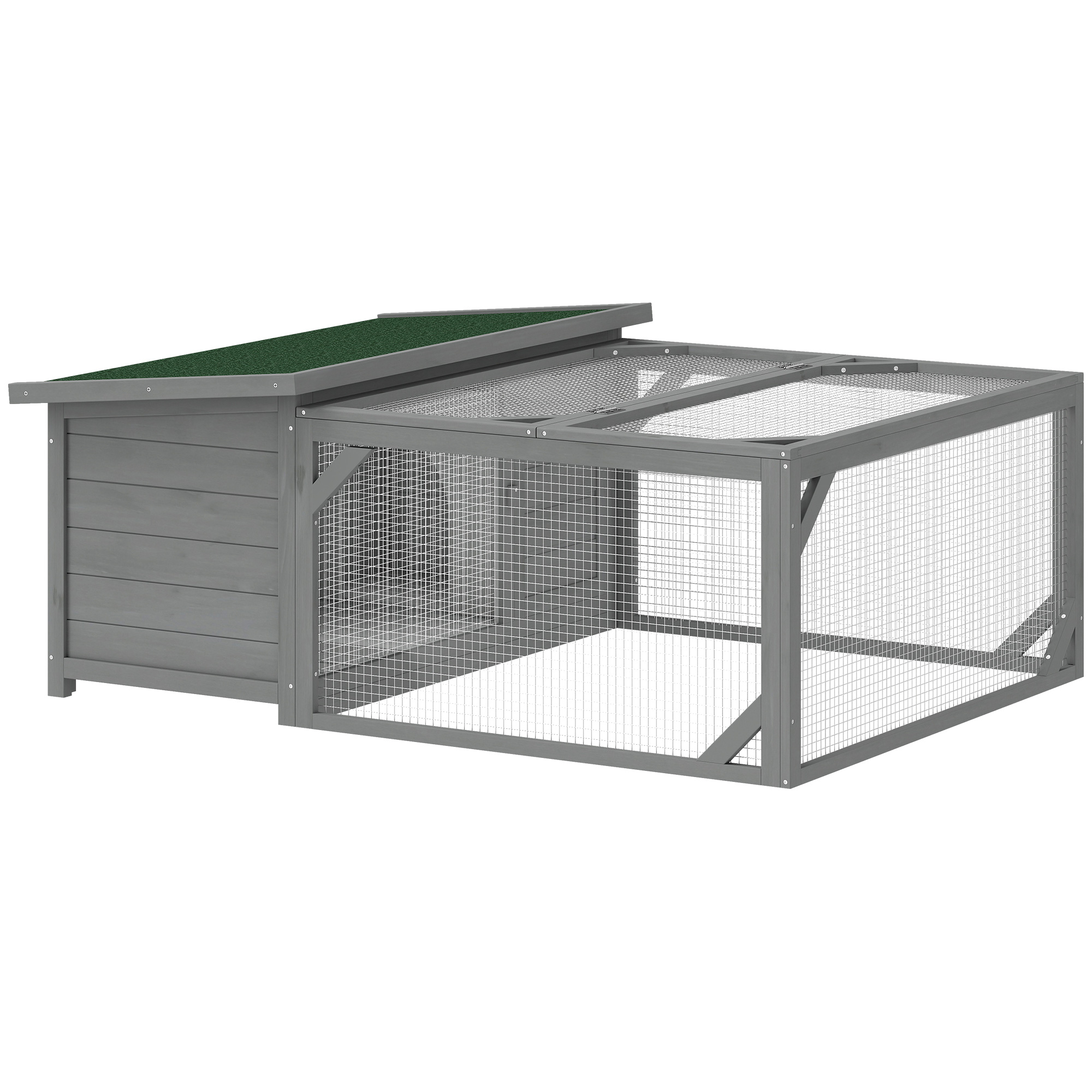 PawHut Hasenstall Kaninchenstall aus Holz 125,5 x 100 x 49 cm Kaninchenkäfig mit aufklappbar Bitumendach, Freilaufgehege, Türen, Hasenkäfig für Kaninchen, Meerschweinchen Outdoor Grau Aosom