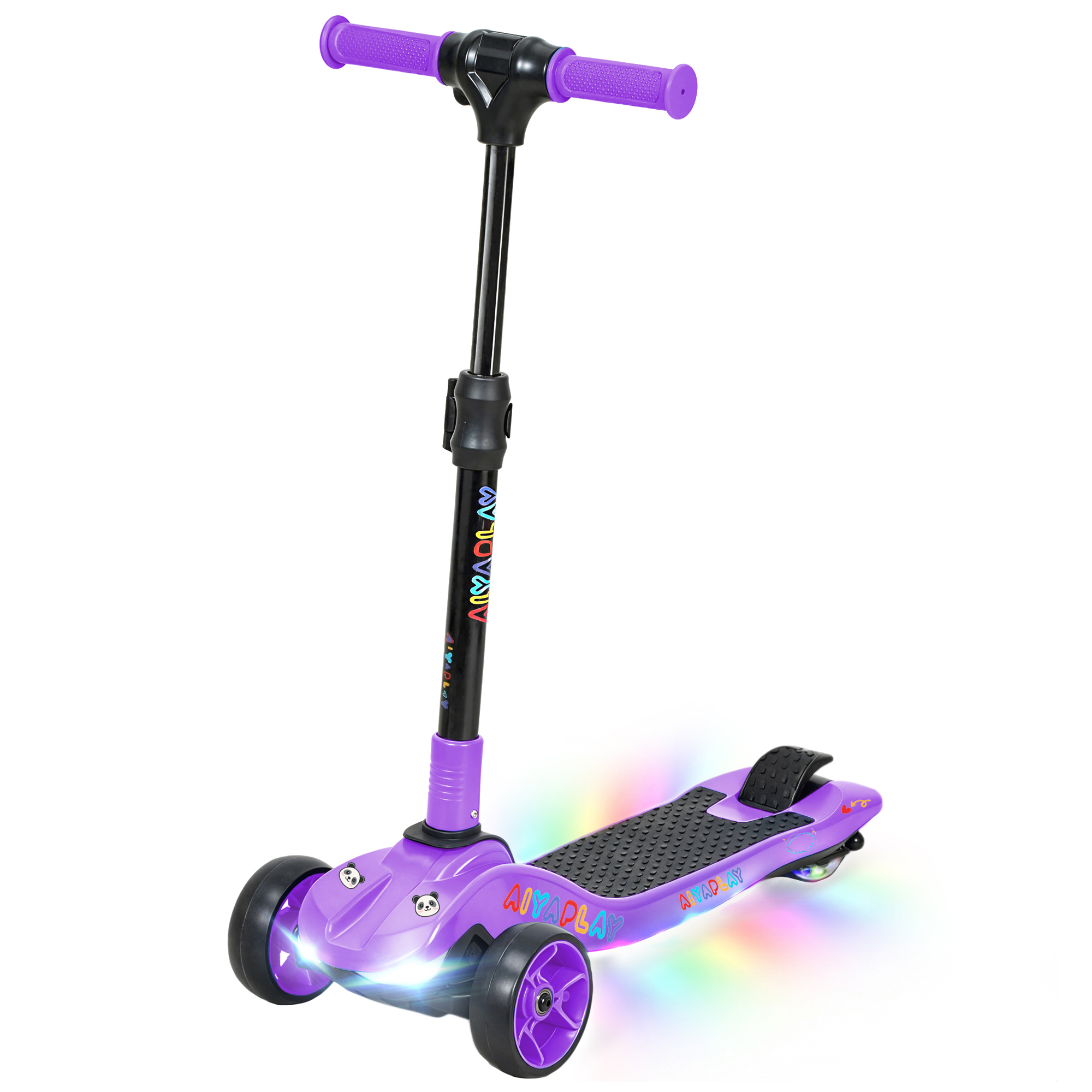 AIYAPLAY Elektrischer Kinderroller faltbar, elektrischer Roller ab 6 Jahren, 3 Räder, Nullstart, Höchstgeschwindigkeit 8 km/h, bunte LED-Lichter, Reichweite 8 km, Fußbremse, Violett Aosom