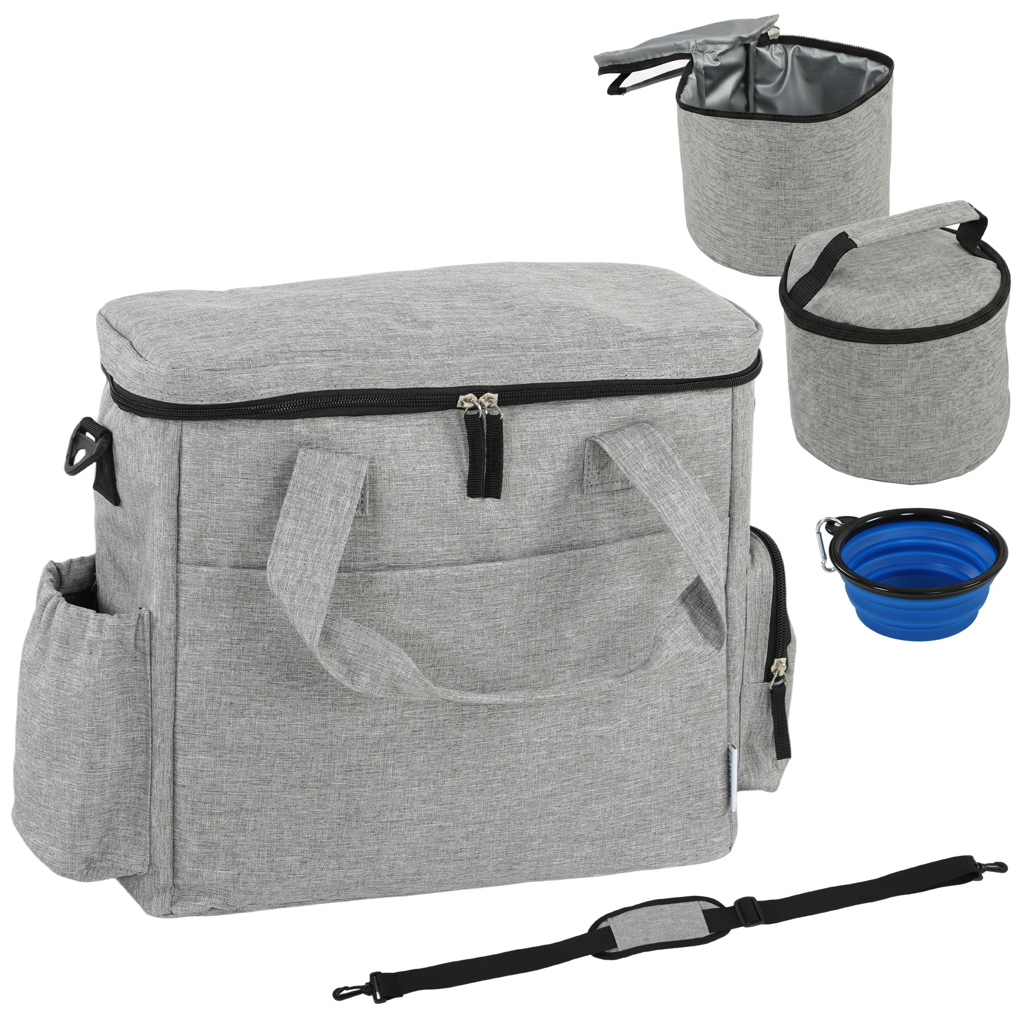 PawHut Hundebox Transportbox Hund 38 x 17 x 35 cm Hundetransportbox mit mehreren Fächern, 2 Futterbehältern, zusammenklappbarer Silikonschüssel, Taschen, Transporttasche für Katzen Hunde Hellgrau Aosom