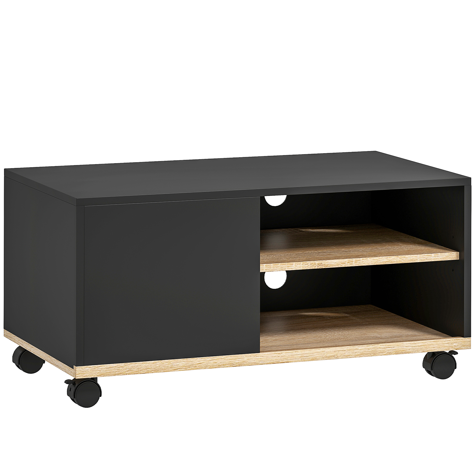 HOMCOM TV Schrank Lowboard auf Rollen mit Schrank, Kabelführung und verstellbarer Ablage, Fernsehtisch für Fernseher bis 32 Zoll, TV Board für Wohnzimmer, Schwarz und Eiche, 80 x 45 x 41 cm Aosom