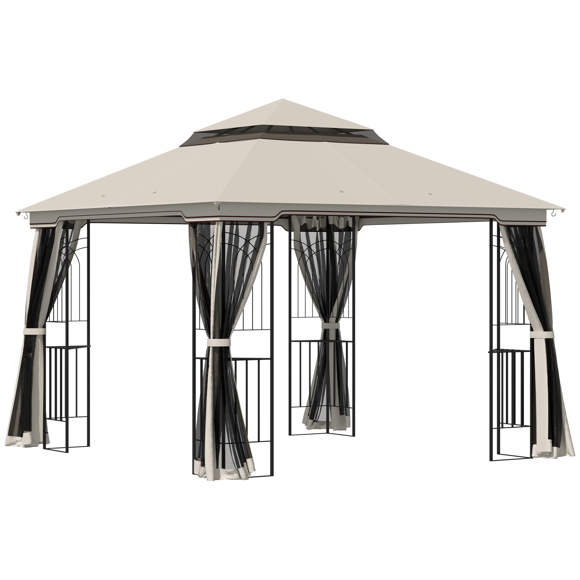 Outsunny Gartenpavillon mit Doppeldach Festzelt Partyzelt 2,99 x 2,99 m mit 4 Seitenwänden aus Metall und Polyester in Beige   Aosom.de