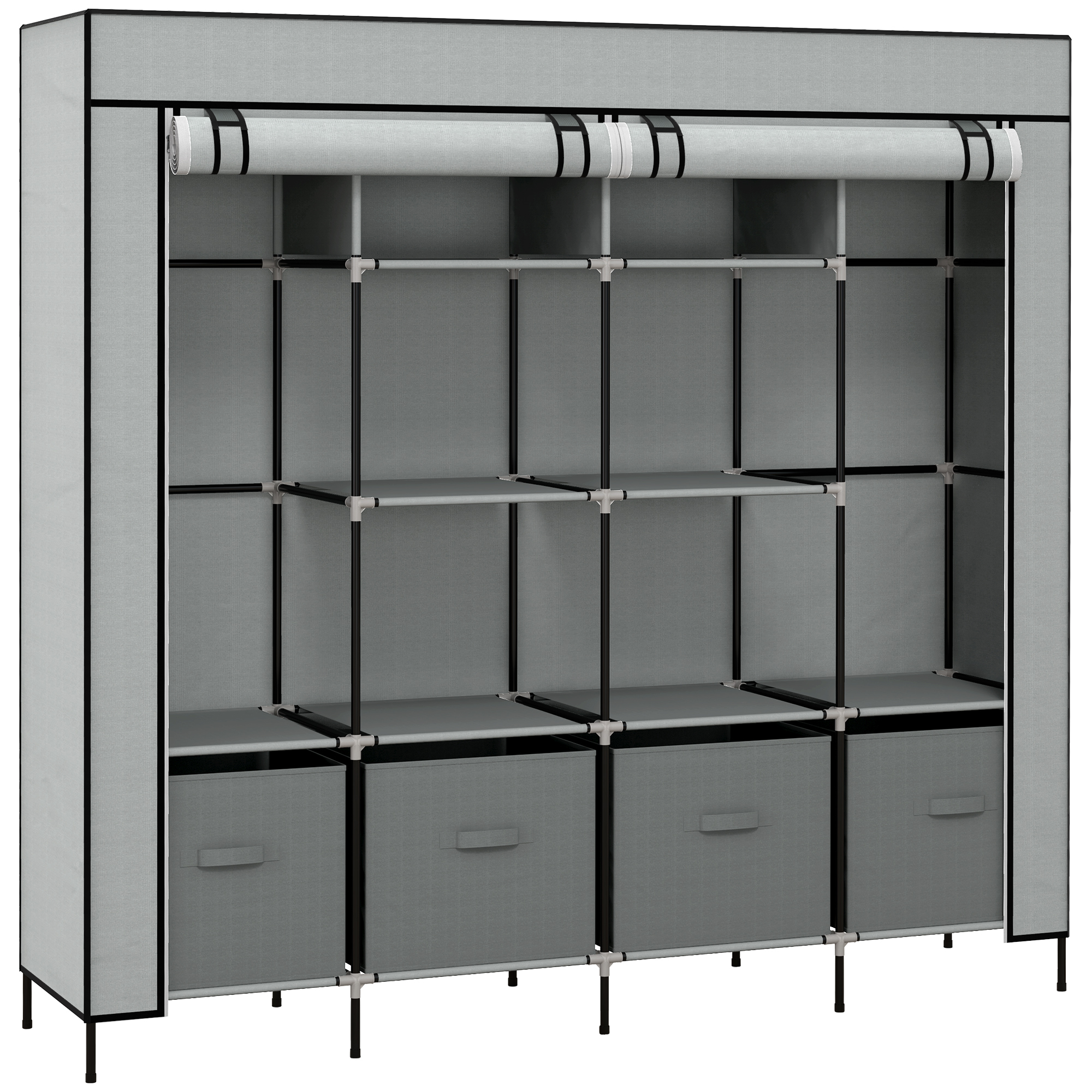 HOMCOM Stoffschrank Kleiderschrank mit Kleiderstange 10 Fächer 4 Schubladen Garderobe Vlies-Optik dunkelgrau für Schlafzimmer & Flur   Aosom.de
