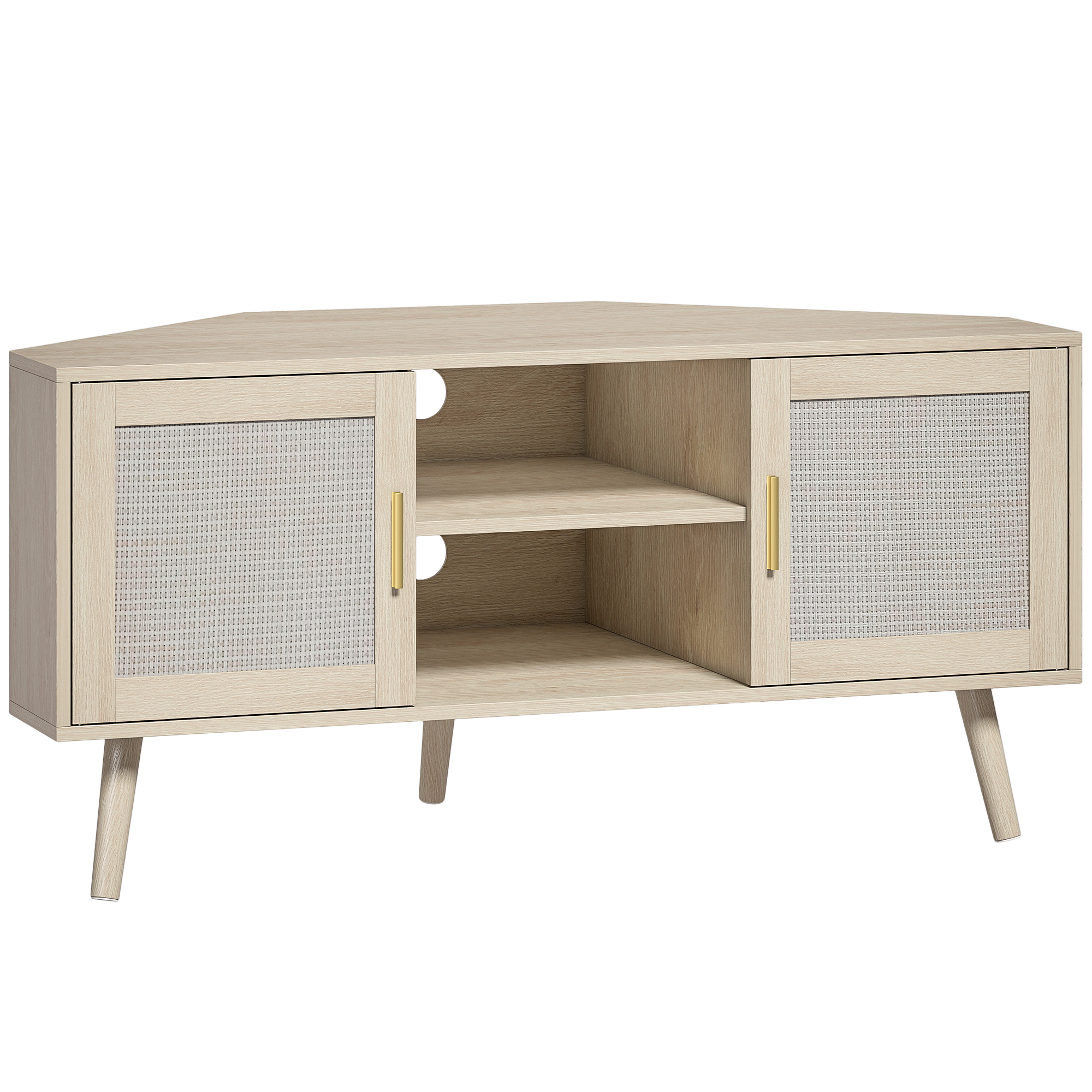 HOMCOM TV-Eckmöbel 115 cm, TV-Möbel für Fernseher bis 65 Zoll mit 2 Rattan-Türen und 2 offenen Fächern, Beine aus Kiefernholz, Boho-Stil, TV-Bank für Wohnzimmer, Schlafzimmer, Eiche Aosom
