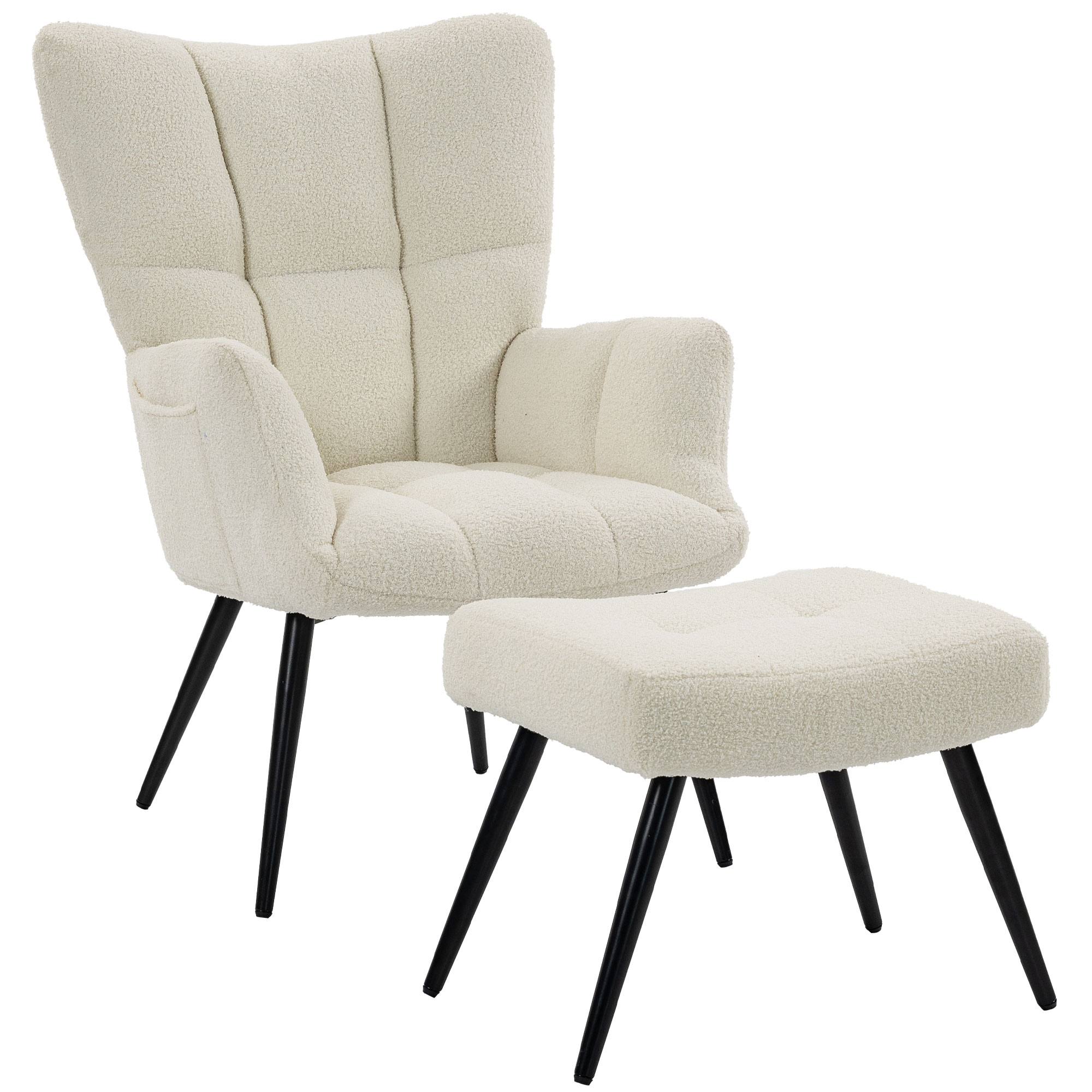 HOMCOM Sessel mit Fußhocker aus weichem, atmungsaktivem Teddy-Stoff, Schlafzimmer-Sessel mit hoher, gesteppter Rückenlehne, Seitentaschen, für Wohnzimmer, Arbeitszimmer, Schlafzimmer, Beige Aosom