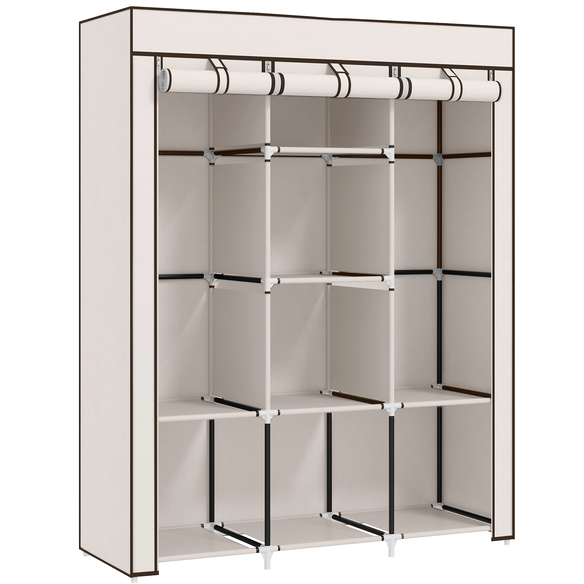 HOMCOM Stoffschrank, Kleiderschrank mit Kleiderstangen, 8 Ebenen, Faltschrank, Faltbare Garderobe für Schlafzimmer, Flur, Vliesstoff, Cremeweiß, 125 x 43 x 162,5 cm Aosom