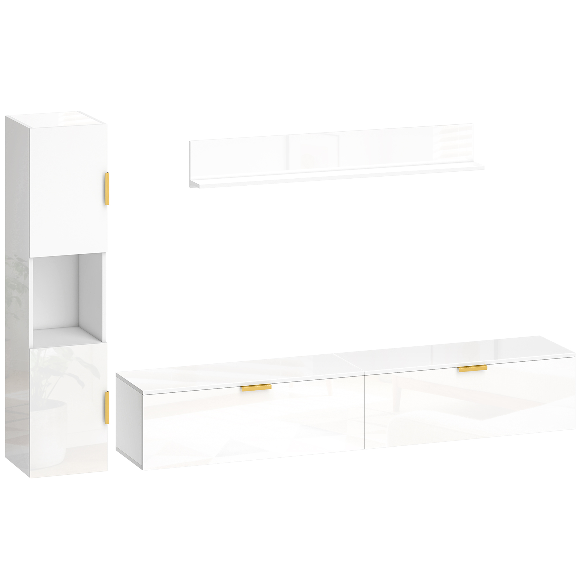 HOMCOM Wohnwand Wohnzimmer mit Wandregal und Aufbewahrungsschrank, 3-teiliges TV Set, Fernsehschrank Fernsehtisch mit Klapptüren, für Fernseher bis 55', Hochglanzweiß Aosom