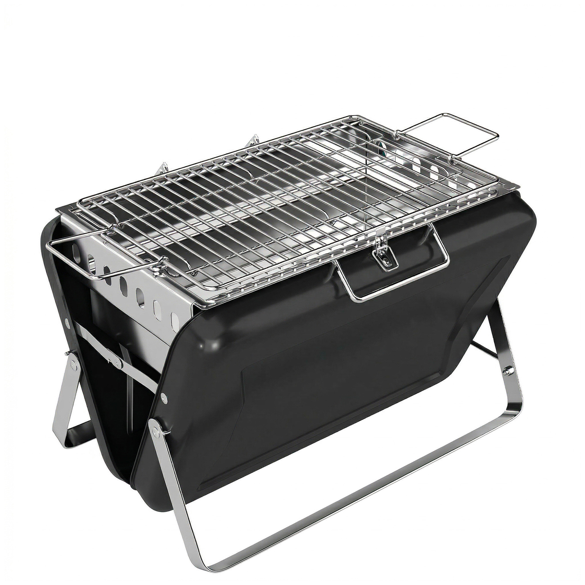 Outsunny Holzkohlegrill aus Edelstahl BBQ Smoker mit Grillrost Holzkohle Grill mit Griff klappbaren Beinen, Kohlegrill Standgrill für Barbeque Camping Terrasse Garten 40 x 28 x 25,5 cm Schwarz   Aosom