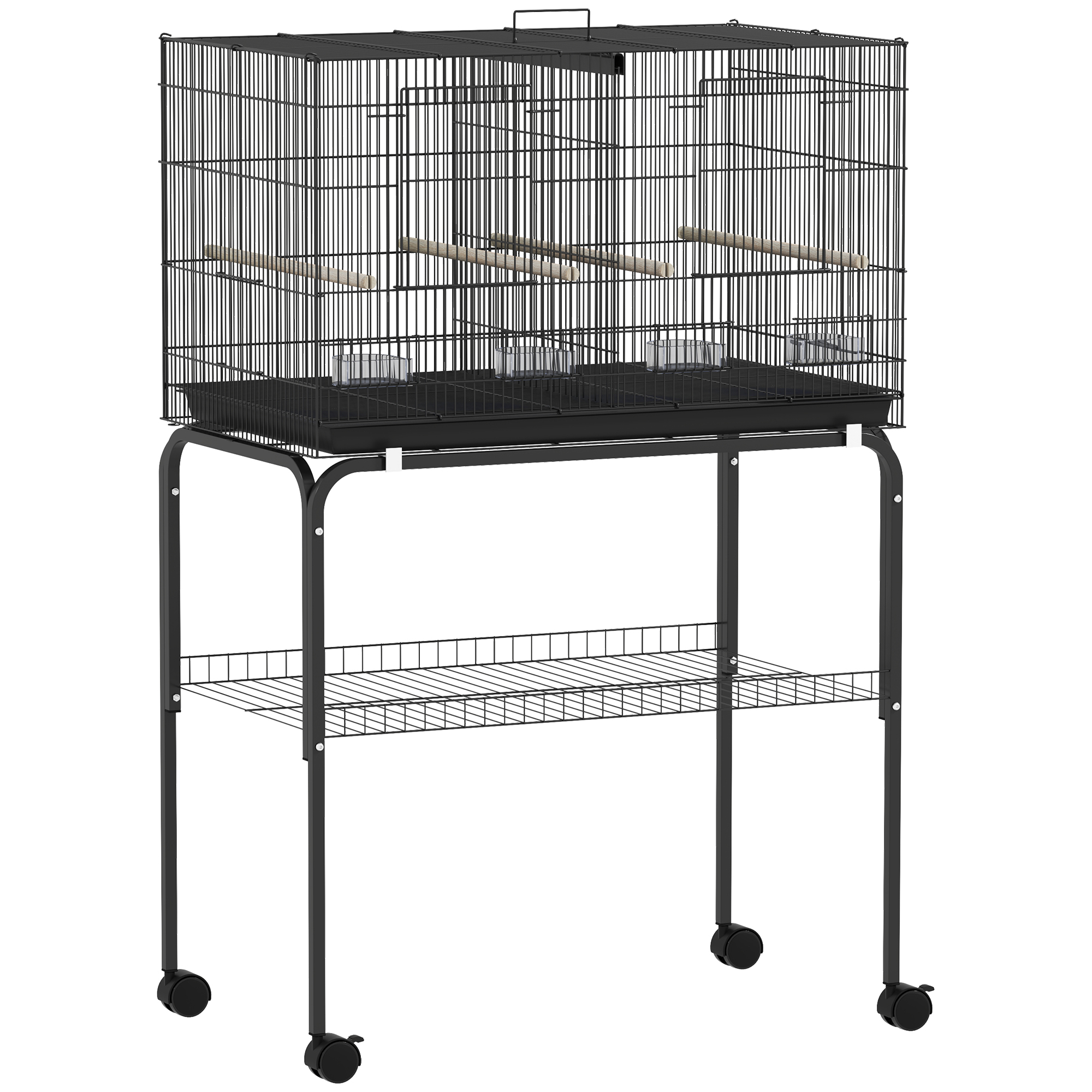 PawHut Vogelkäfig Innenvoliere aus Stahl mit Trennwand, 4 Sitzstangen, herausziehbarem Tablett, 4 Futterschalen, Ständer mit Ablage und Rollen, für Wellensittiche, Kanarien, Finken, 76x46x116cm, Schwarz Aosom