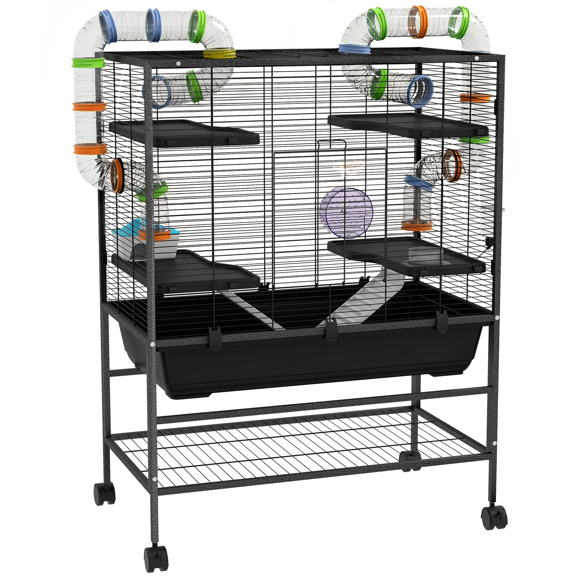 PawHut Hamsterkäfig Nagerkäfig mit Rädern, Röhren, Ablagefläche, Rampen, Laufrad, Futternapf, Wasserflasche, Meerschweinchen Käfig für Rennmäuse, syrische Hamster, Schwarz Aosom