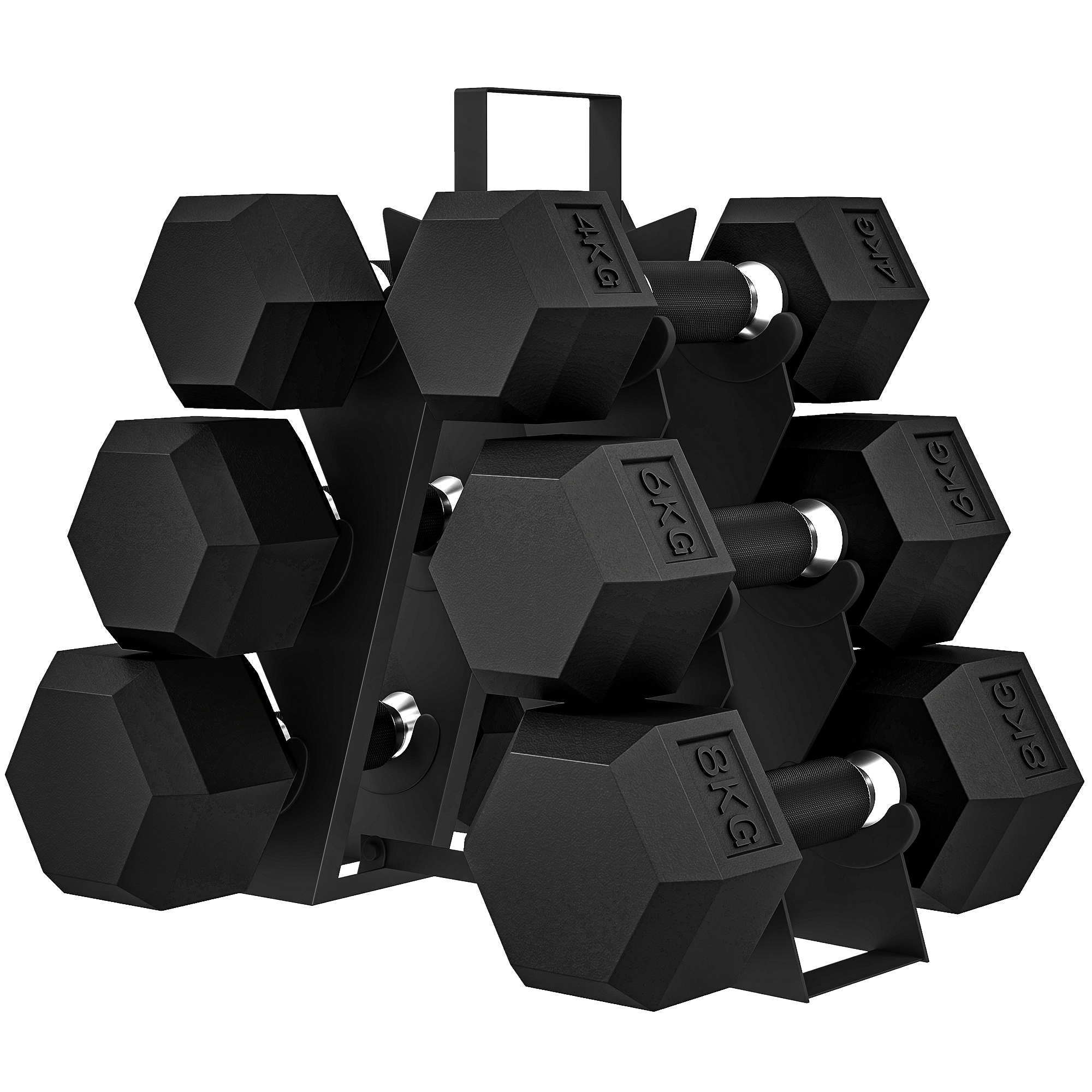 SPORTNOW Kurzhantel-Set 6-teilig 36 kg, sechskantige Hanteln 2x4 kg, 2x6 kg, 2x8 kg, mit Aufbewahrungsständer, Gummibeschichtung und rutschfestem Griff für Training zu Hause und im Fitnessstudio   Aosom