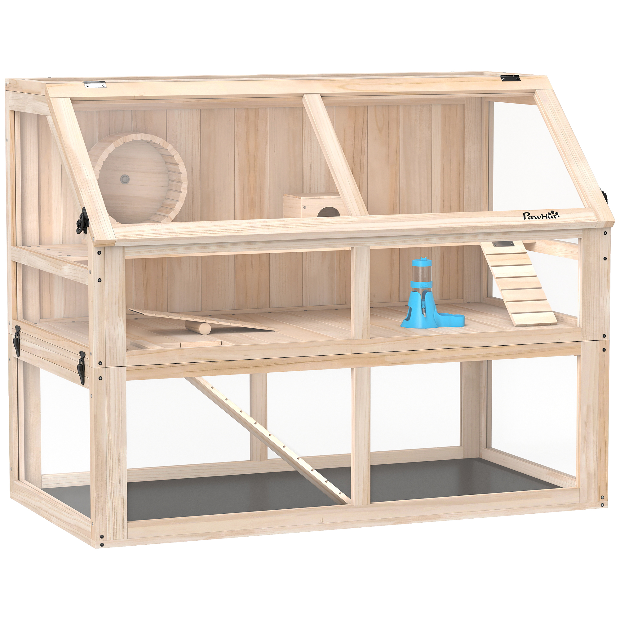 PawHut Hamsterkäfig aus Holz 3 Etagen 95 x 53 x 76 cm Nagerkäfig Kleintierkäfig mit Wippe Laufrad Hütte tiefem Untergeschoss Mäusekäfig für Zwerghamster Naturholz Aosom