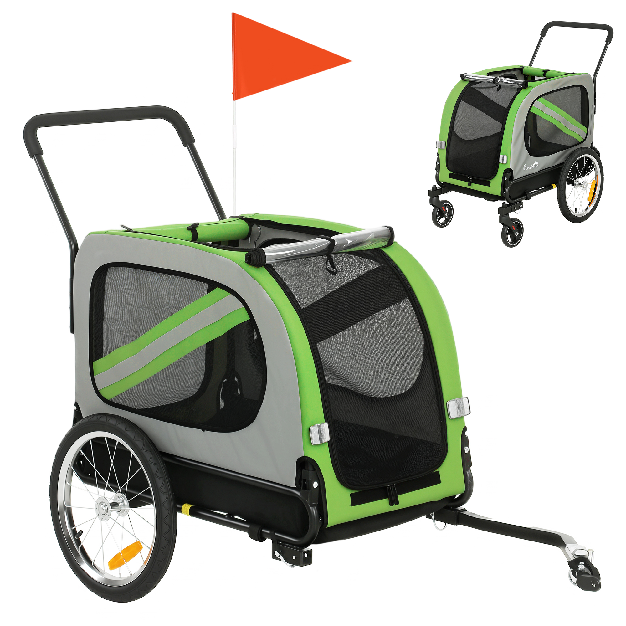 PawHut 2-in-1 Fahrradanhänger für Hunde, faltbarer Hundebuggy für mittelgroße Hunde und Katzen mit Sicherheitsgurt, Flagge und Reflektoren, Tragfähigkeit 20 kg, 134x62x101 cm, Grün Aosom