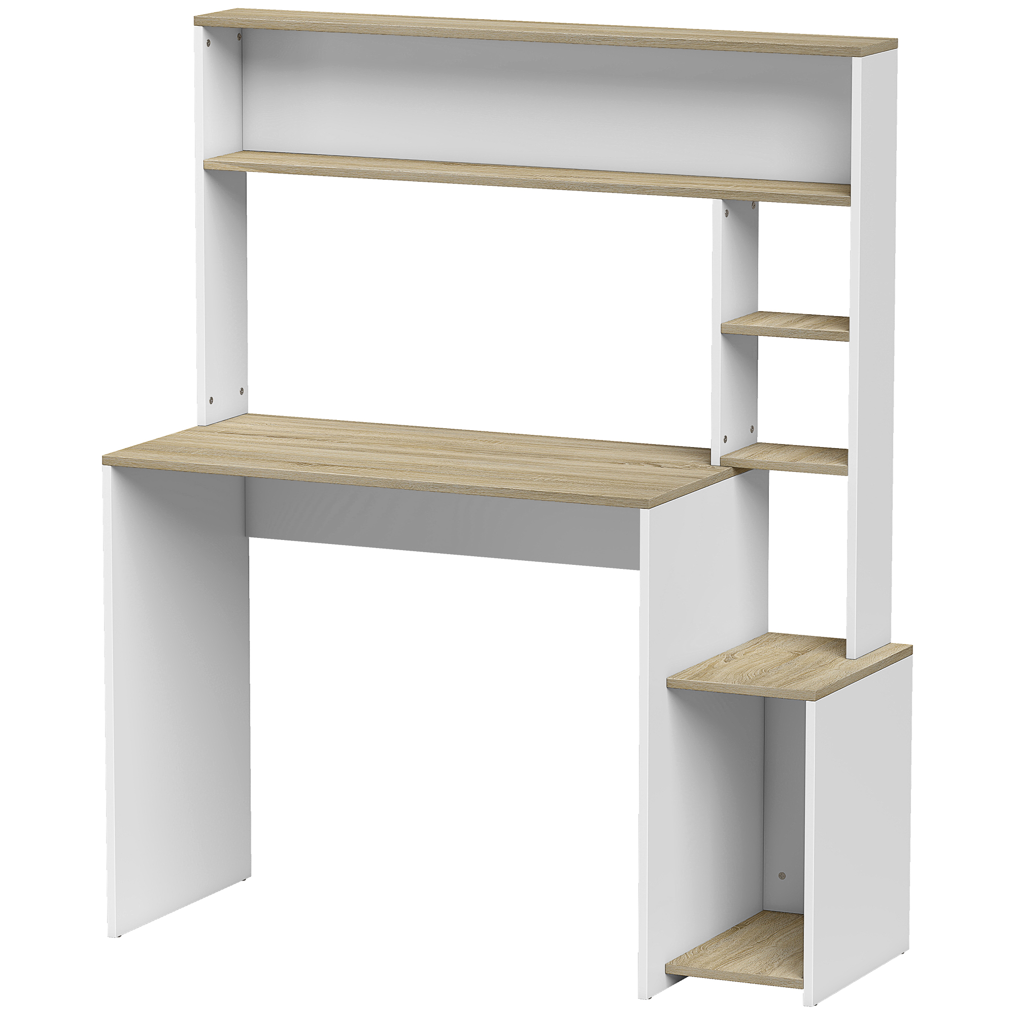 HOMCOM Computertisch, 114 x 45 x 138 cm, Schreibtisch mit Stauraum, offene Regale, große Arbeitsfläche und CPU-Halter, Moderner Schreibtisch für Schlafzimmer, Zuhause, kleine Räume, Weiß und Holzdekor   Aosom