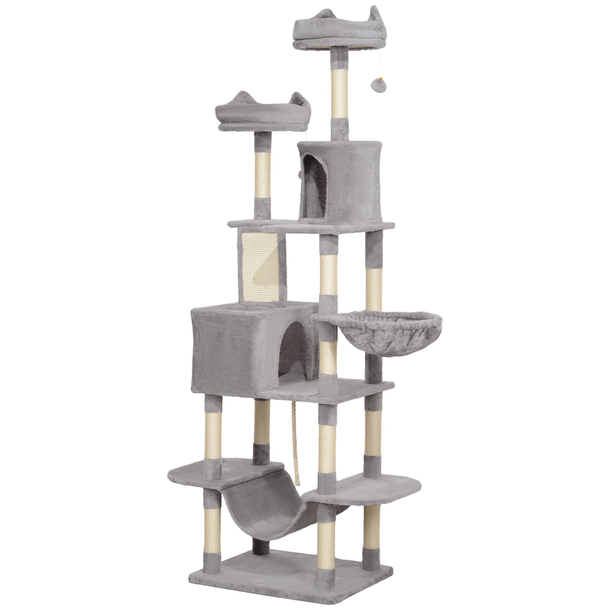 PawHut Kratzbaum hoch 206 cm, Kratzbaum mit 4 Sisal-Kratzsäulen, Höhlen, Körben, Hängematten, Bällchen, Plattformen, Turm für 1-3 Kätzchen bis 6 kg, Plüsch, Hellgrau   Aosom