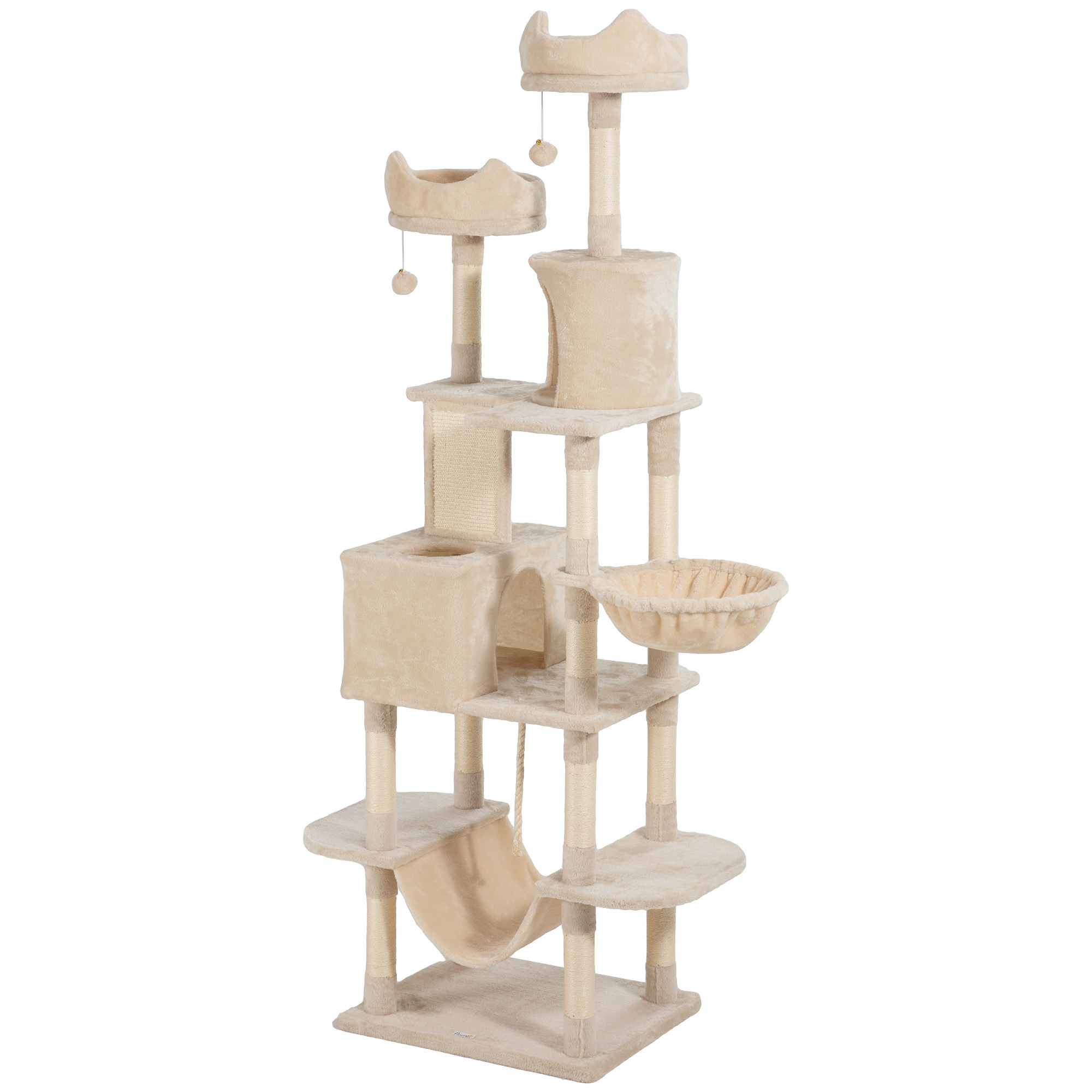 PawHut Hoher Kratzbaum 206 cm, Katzenbaum mit 4 Sisal-Kratzstämmen, Höhlen, Körbchen, Hängematten, Bällchen, Plattformen, Turm für 1-3 Kätzchen bis 6 kg, Plüsch, Beige Aosom