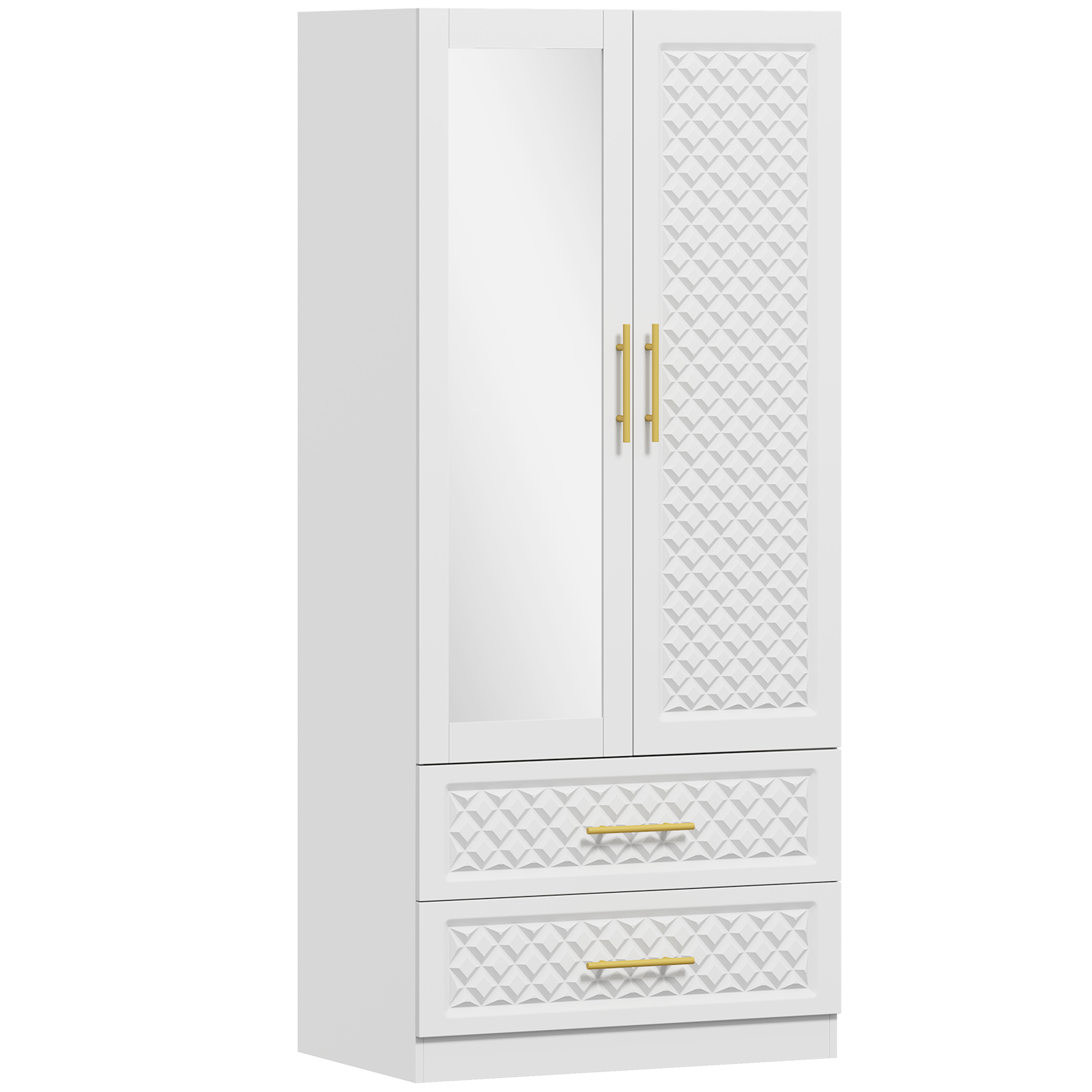 HOMCOM Kleiderschrank mit Spiegel, 2 Schubladen, 2 Türen und Kleiderstange, Kleiderschrank, Ankleideschrank, moderner Stil, 80 x 50 x 180 cm, weiß Aosom