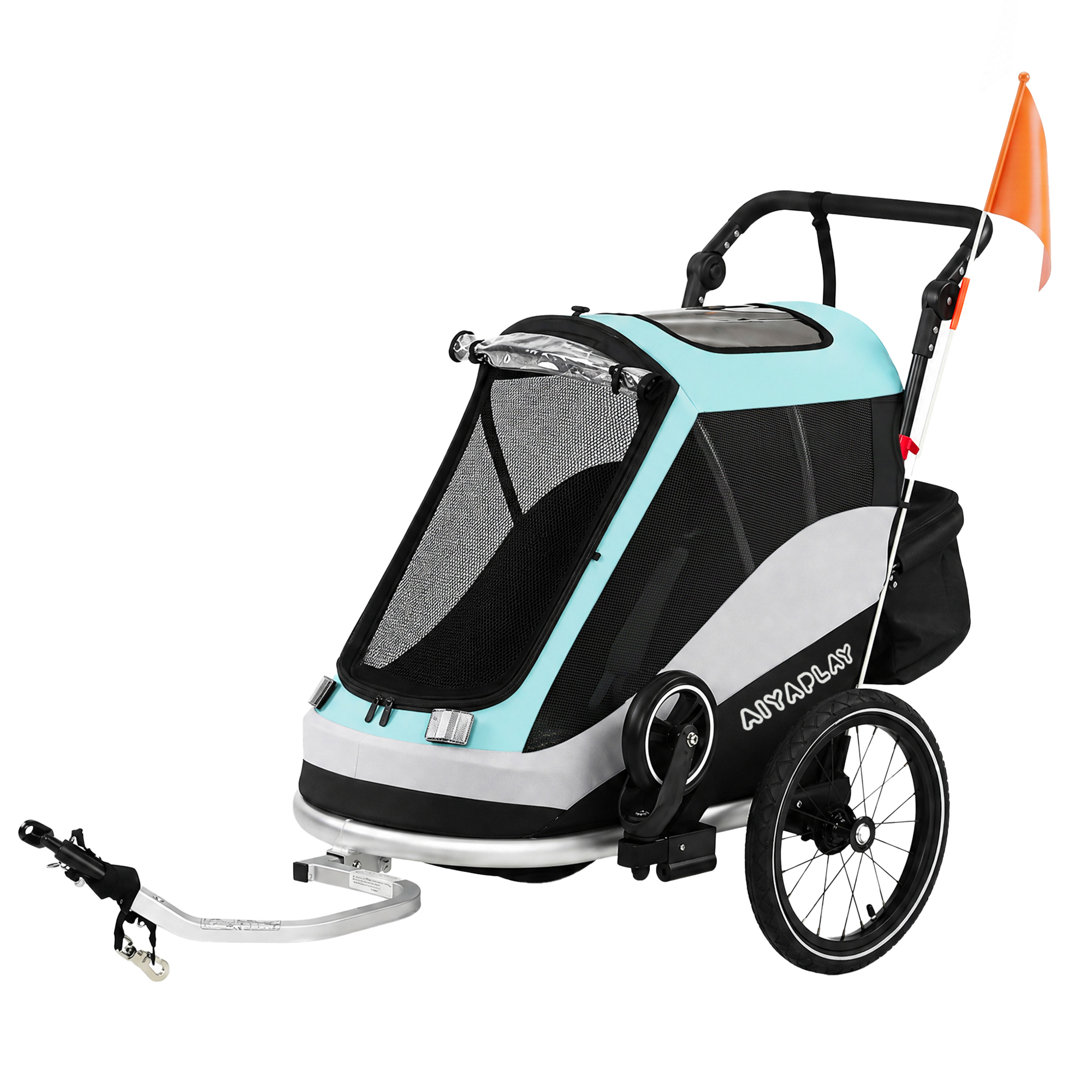 AIYAPLAY 2 in 1 Fahrradanhänger & Buggy Faltbar Kinderfahrradanhänger mit 5-Punkt Gurt Reflektoren 16-Zoll-Luftreifen Bremse Stauraum Fahrrad Anhänger für Kinder ab 12 Monaten max. 18kg Aosom