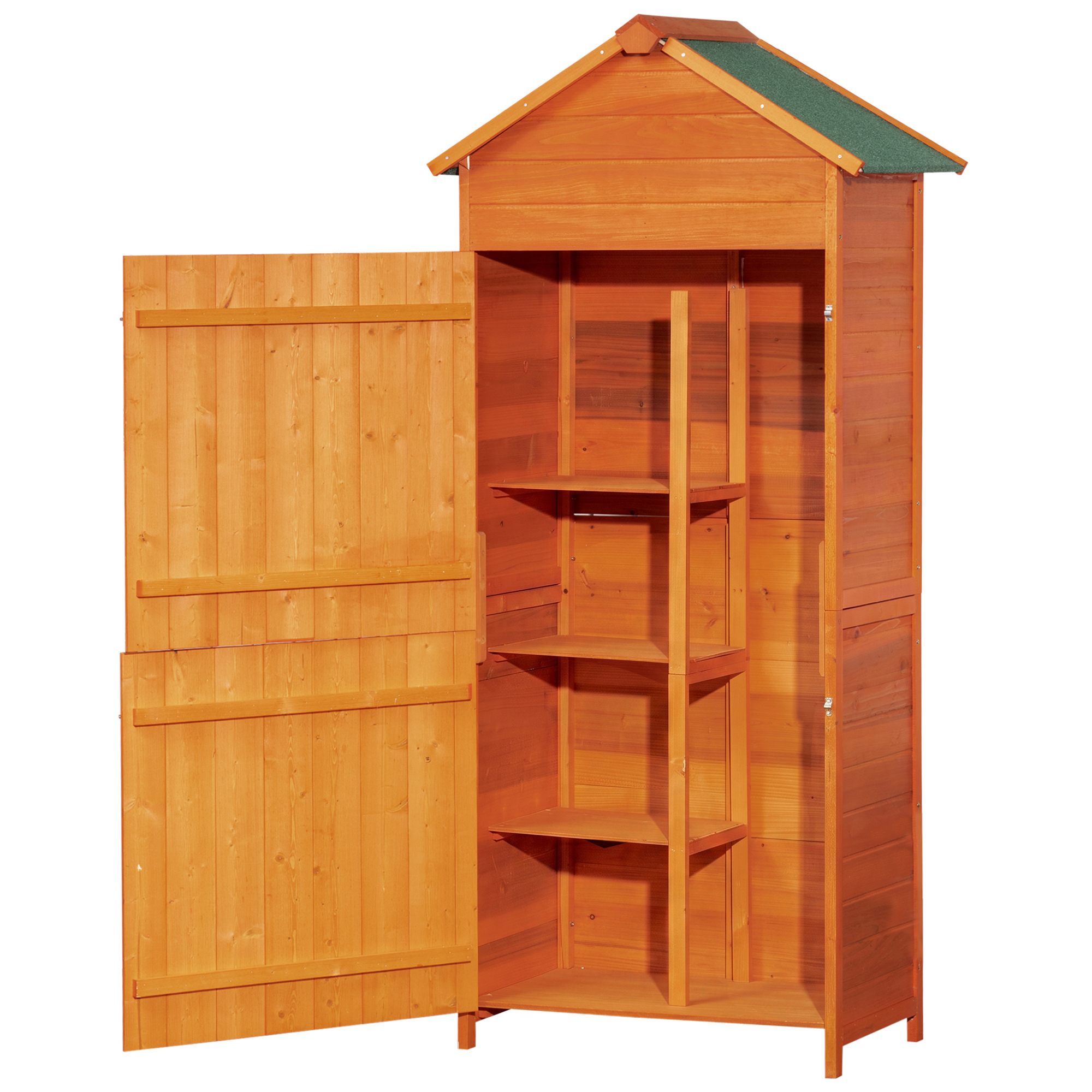 Outsunny Gartenschrank, Holz-Geräteschuppen, Geräteschrank mit Asphaltdach, Doppeltür, Gartenhaus mit 3 Regalböden, Doppeltür für Schaufeln und Harken, Orange, 84 x 52 x 188 cm Aosom