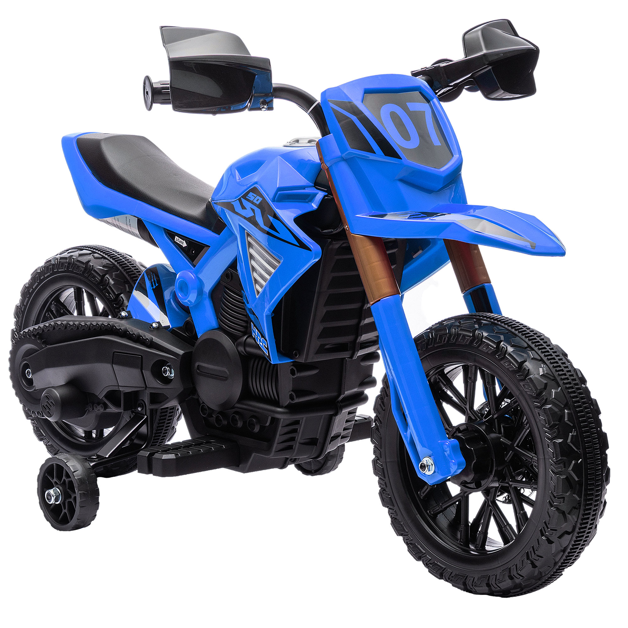 AIYAPLAY Elektrisches Kinder-Motorrad 3-8 Jahre mit 12V Doppelmotoren, Kinder-Elektro-Motorroller mit Stützrädern, Hupe und Anlassergeräusch, 3 km/h, Tragfähigkeit 30 kg, Blau Aosom