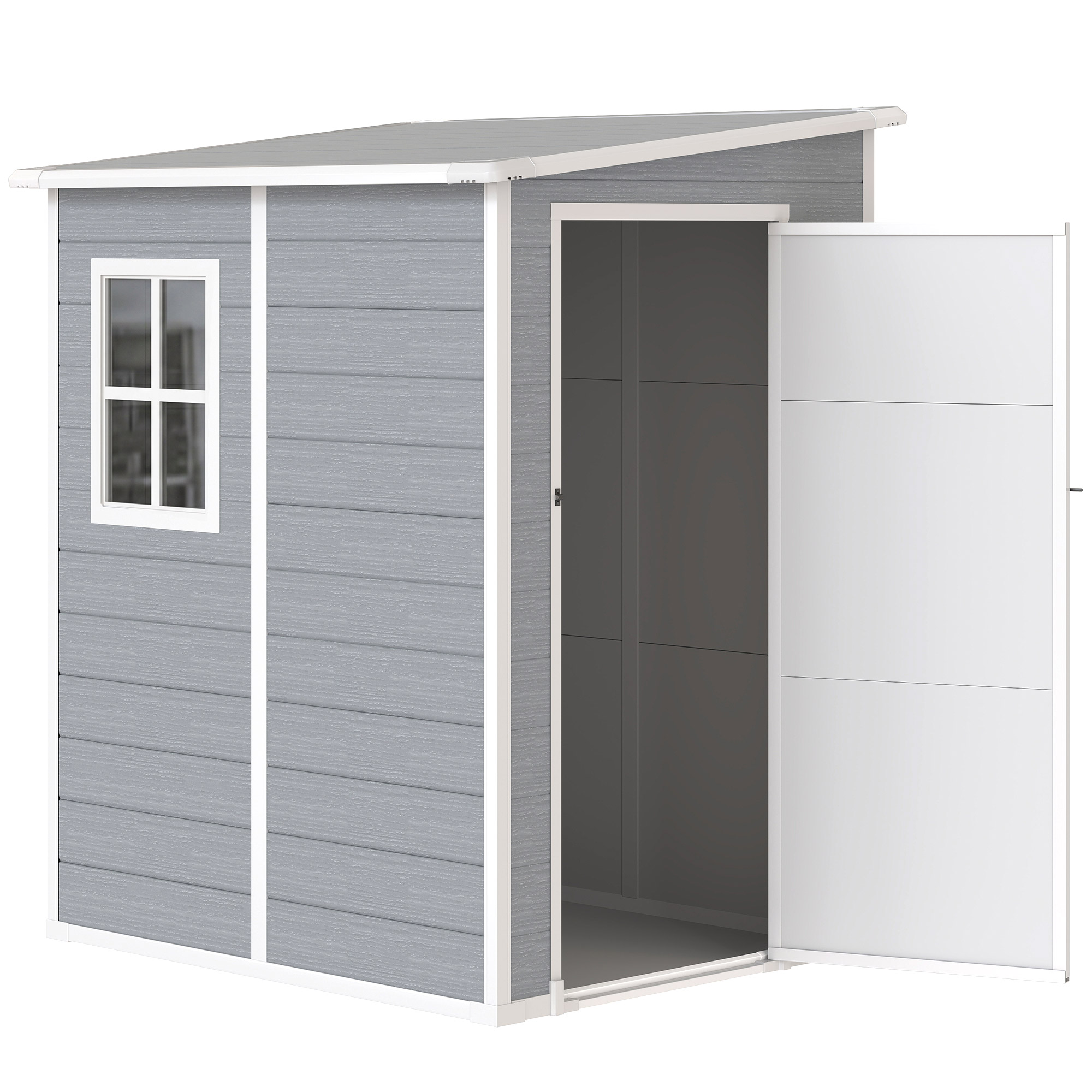 Outsunny Gerätehaus 1,54m³, Gartenhaus mit Pultdach, 122 x 149 x 192/177 cm, Geräteschuppen mit Abschließbar Tür, Fenster, Fahrradgarage, Gartenschrank aus Aluminium, für Hinterhof, Garten, Grau Aosom