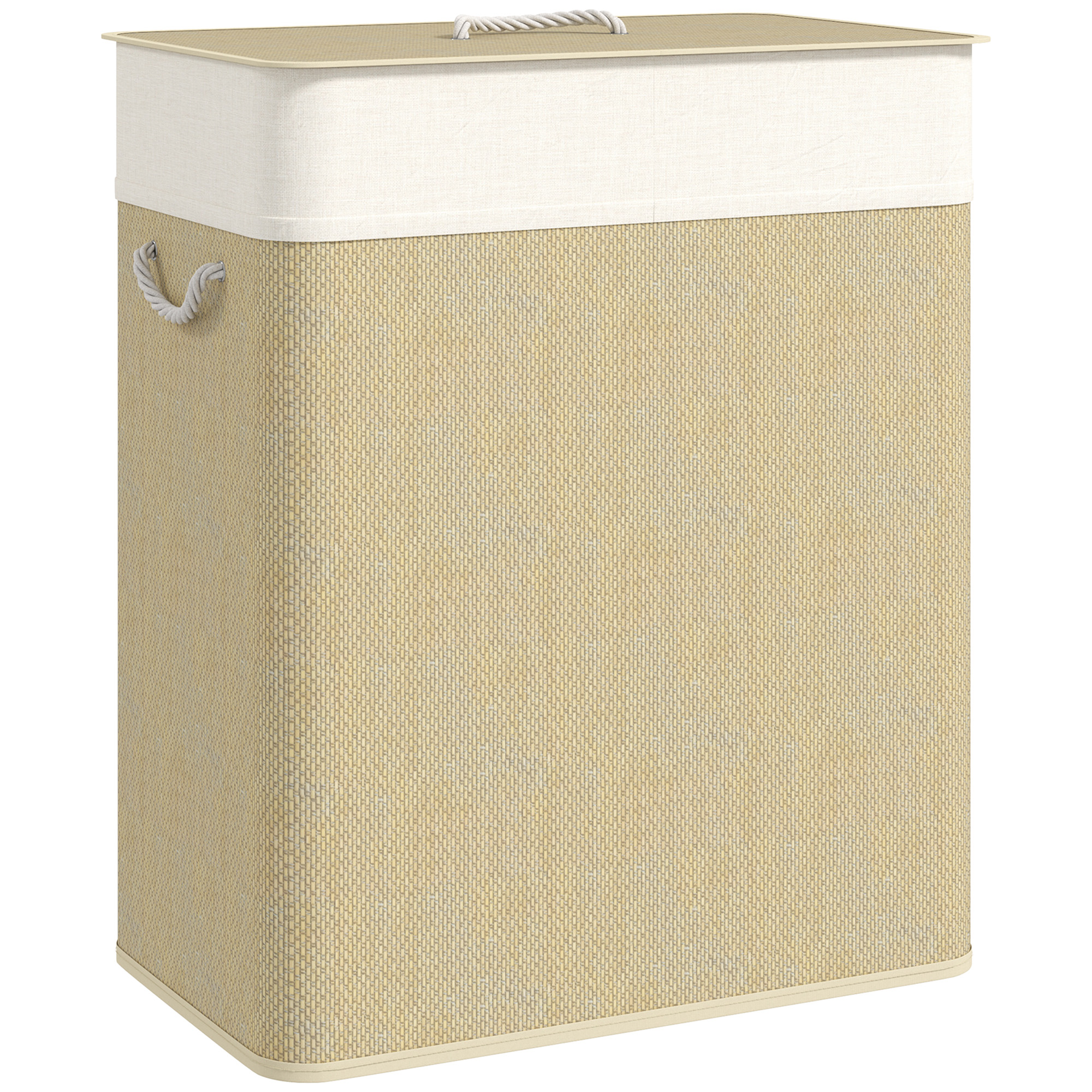 HOMCOM Bambus Wäschekorb mit Deckel 100 L Wäschesammler mit Seilgriffen, herausnehmbarer Wäschesack, Laundry Baskets Wäschesortierer für Waschküche Schlafzimmer Badezimmer Cremeweiß Aosom