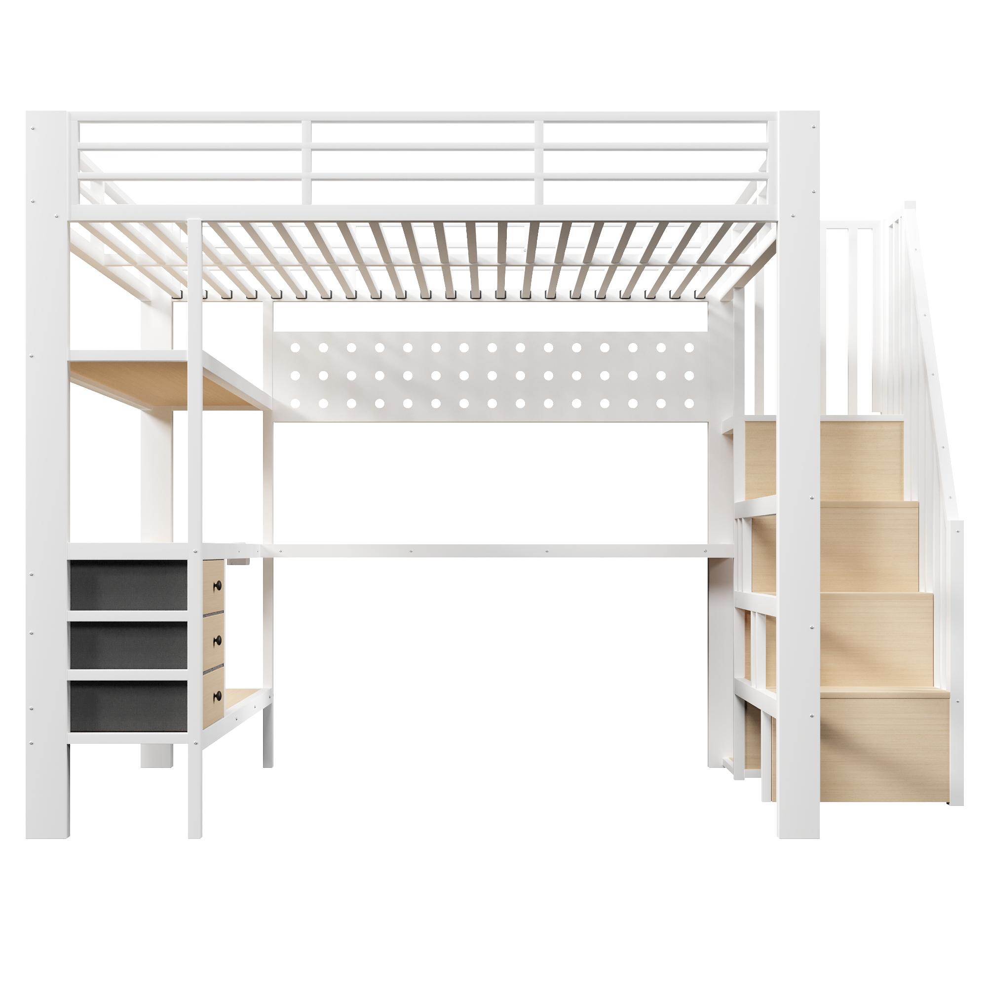 Hochbett 140×200 cm mit integrierter Ablage und 3 Schubladen, ohne Matratze, 251x146x170 cm, Weiß