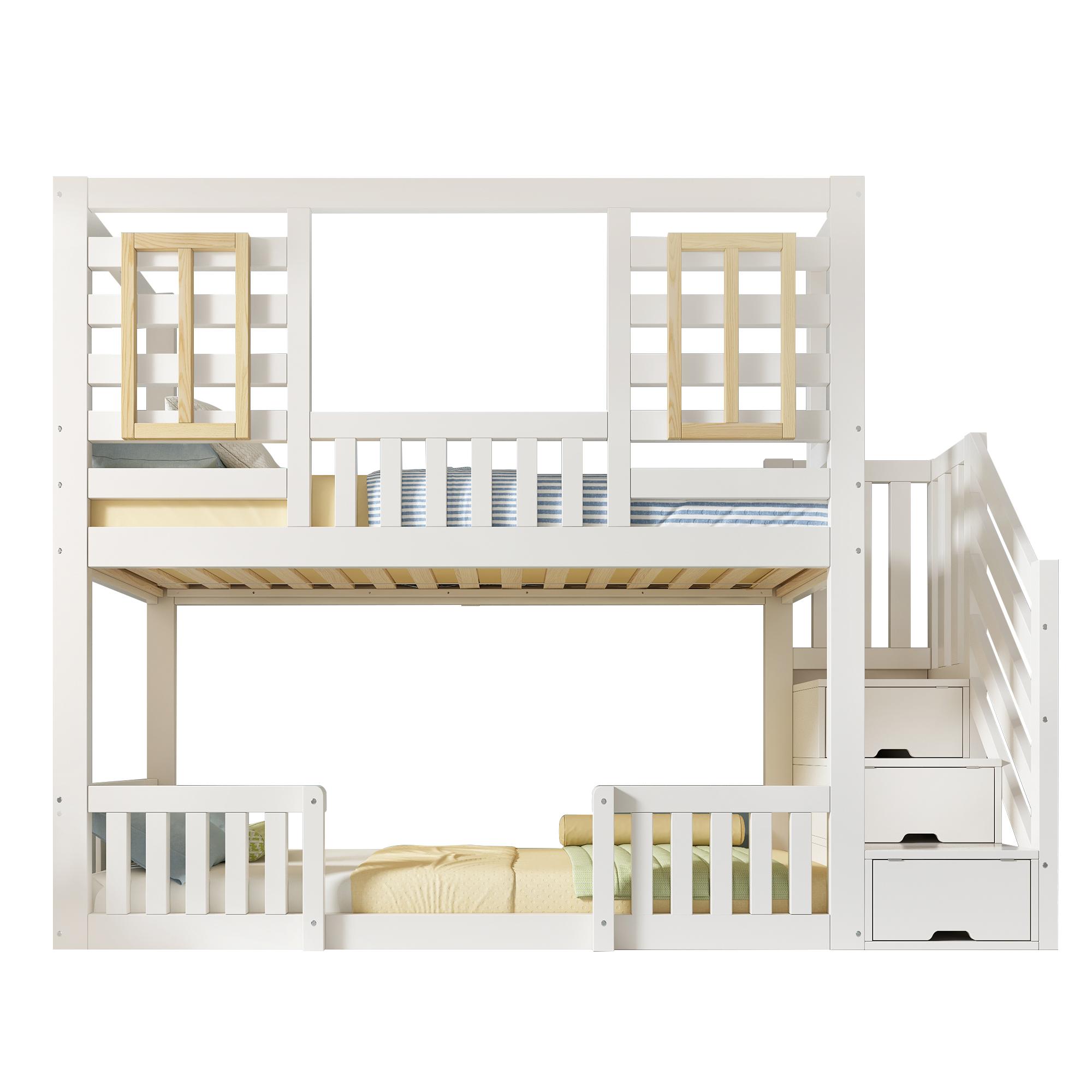Etagenbett im Hüttenstil, Treppenschrank und Stauraum, 2 Liegeflächen je 90X200 cm, 254x95x170 cm, Weiß