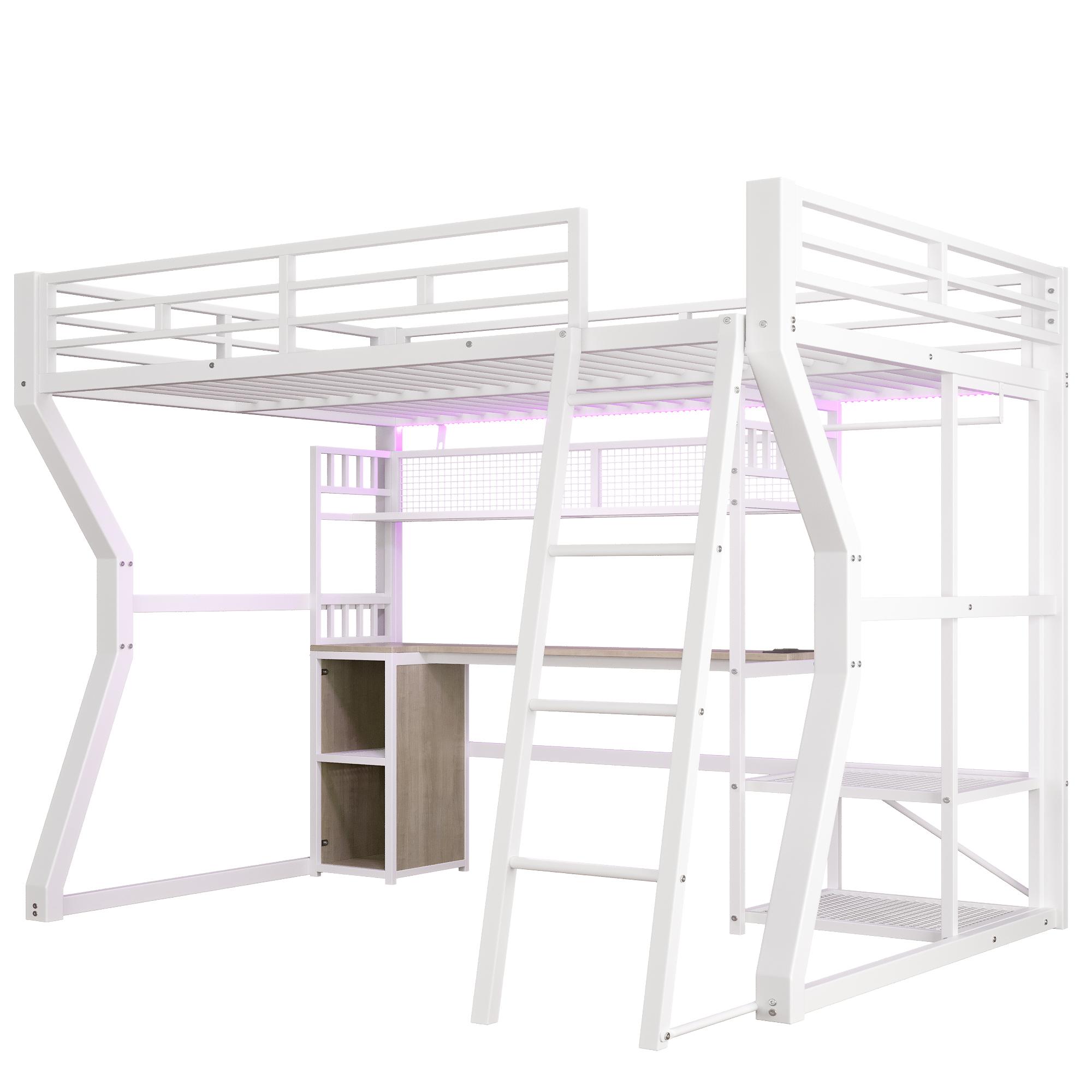 Hochbett 140x200 cm mit integriertem Schreibtisch, verstellbarer LED-Lichtleiste und integrierter Steckdose, 204x181,5x180 cm, Weiß