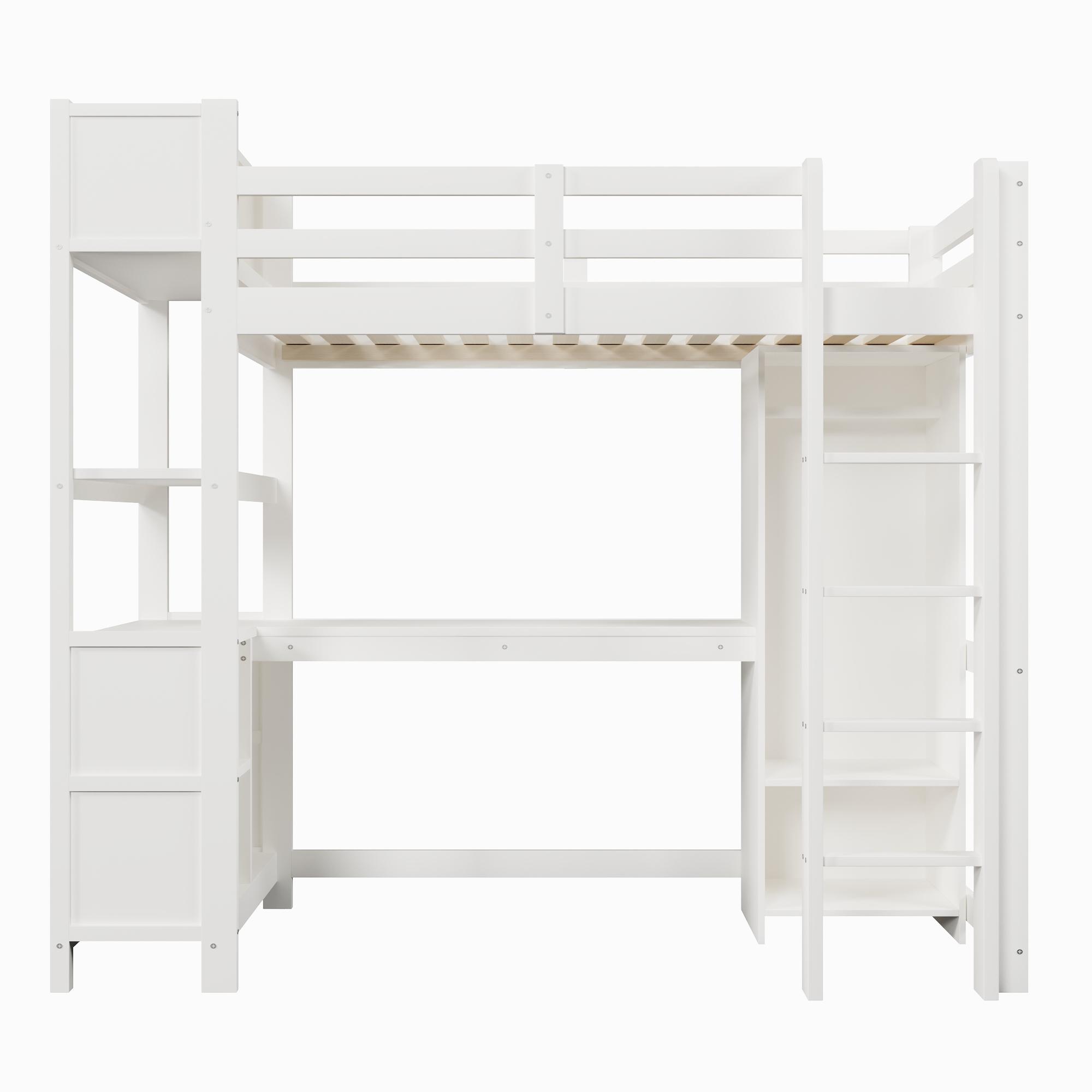 Hochbett 90x200 cm, Sicherheitsgeländer für Kinder ab 6 Jahren, ohne Matratze, 232,5x100x189,5 cm, Weiß