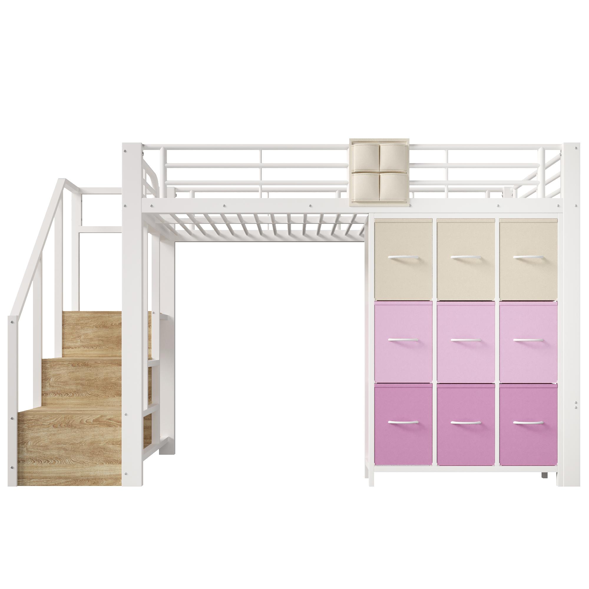 Hochbett 140×200 cm, Treppe mit Stauraum und Stofftasche, ohne Matratze, 251,5x145x140 cm, Weiß