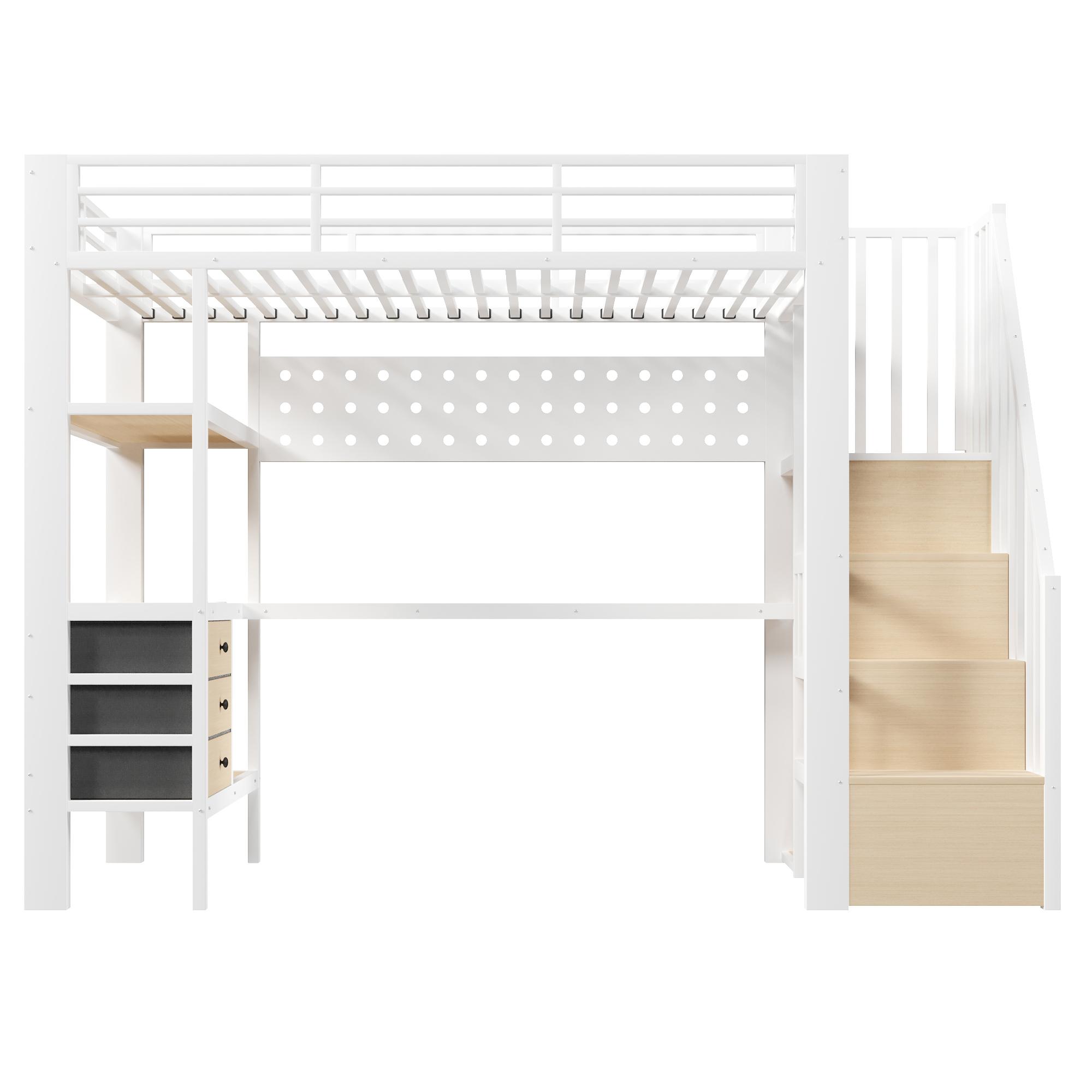 Hochbett 90×200 cm, Ablageböden, Treppe mit Stauraum, ohne Matratze, 251x96x170 cm, Weiß