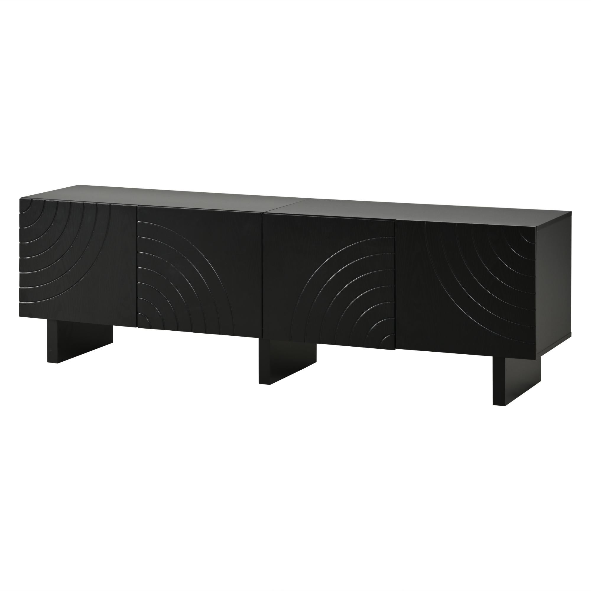Modernes TV-Lowboard, strukturierter Türfront und viel Stauraum, passend für bis zu 75-Zoll-Fernseher, 180x40x55 cm, Schwarz