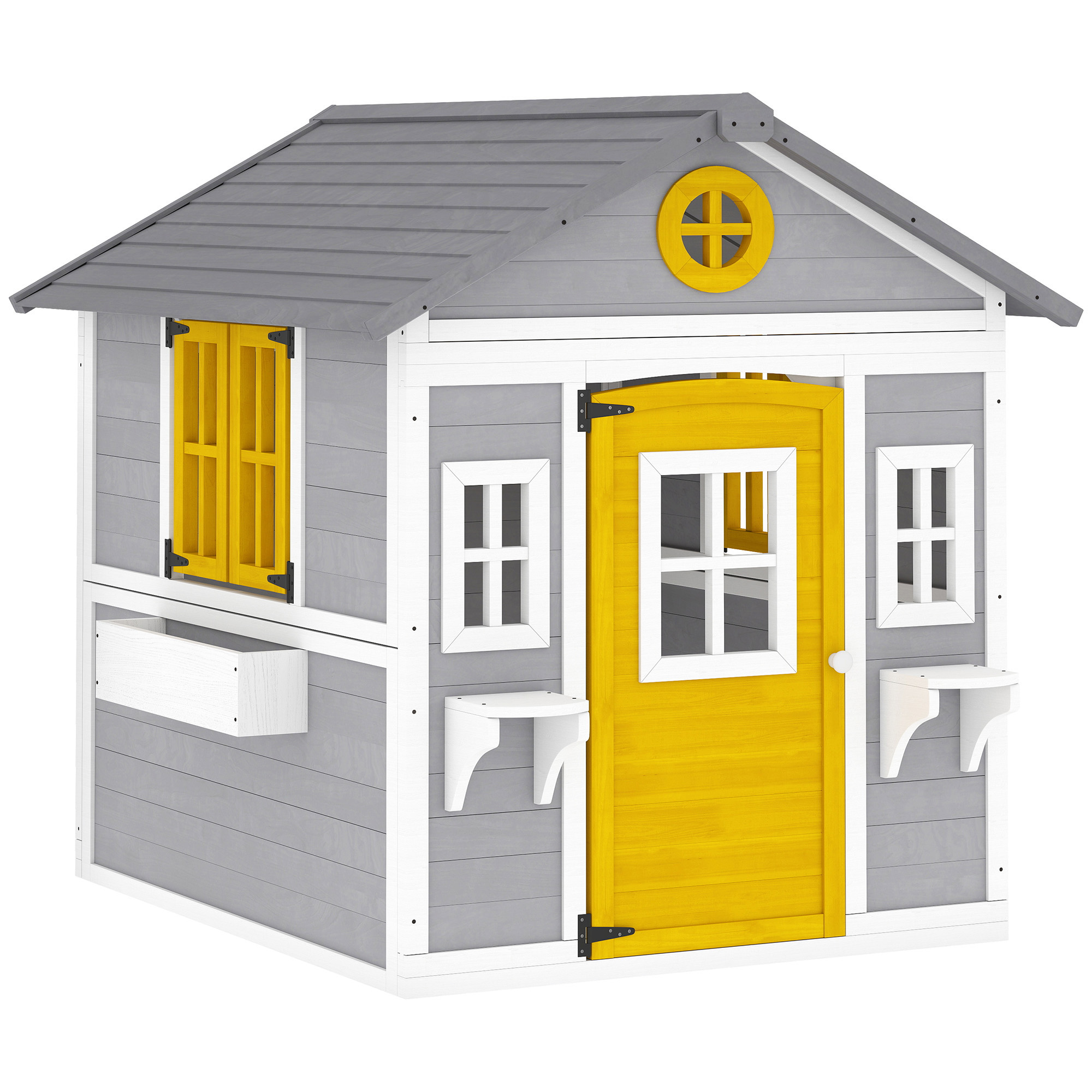 Outsunny Spielhaus Kinderspielhaus aus Holz mit Tür 6 Fenster 2 Blumenkästen 2 Blumenständern Wetterfestes Gartenhaus für Jungen und Mädchen von 3-8 Jahren Kinderspielzeug für Outdoor & Indoor Grau Aosom