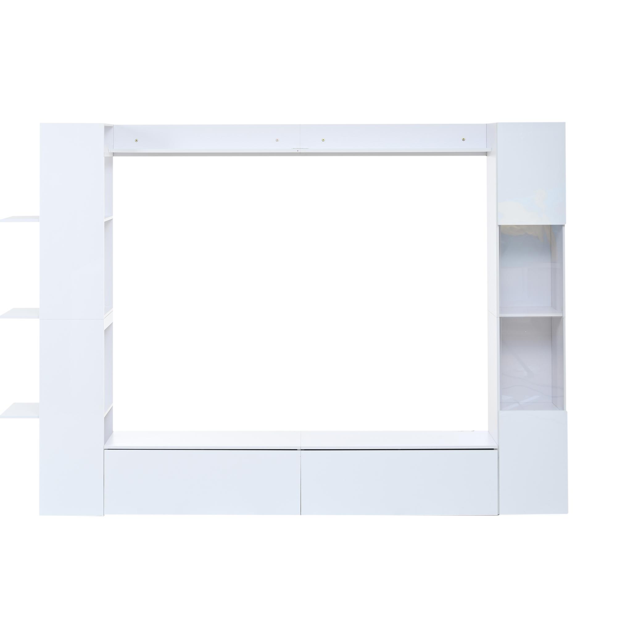 Kompakt-Wohnwand 4-teilig, integrierte TV-Möbelwand mit Vitrine und offenen Regalen, viel Stauraum, 228x30x170 cm, Weiß