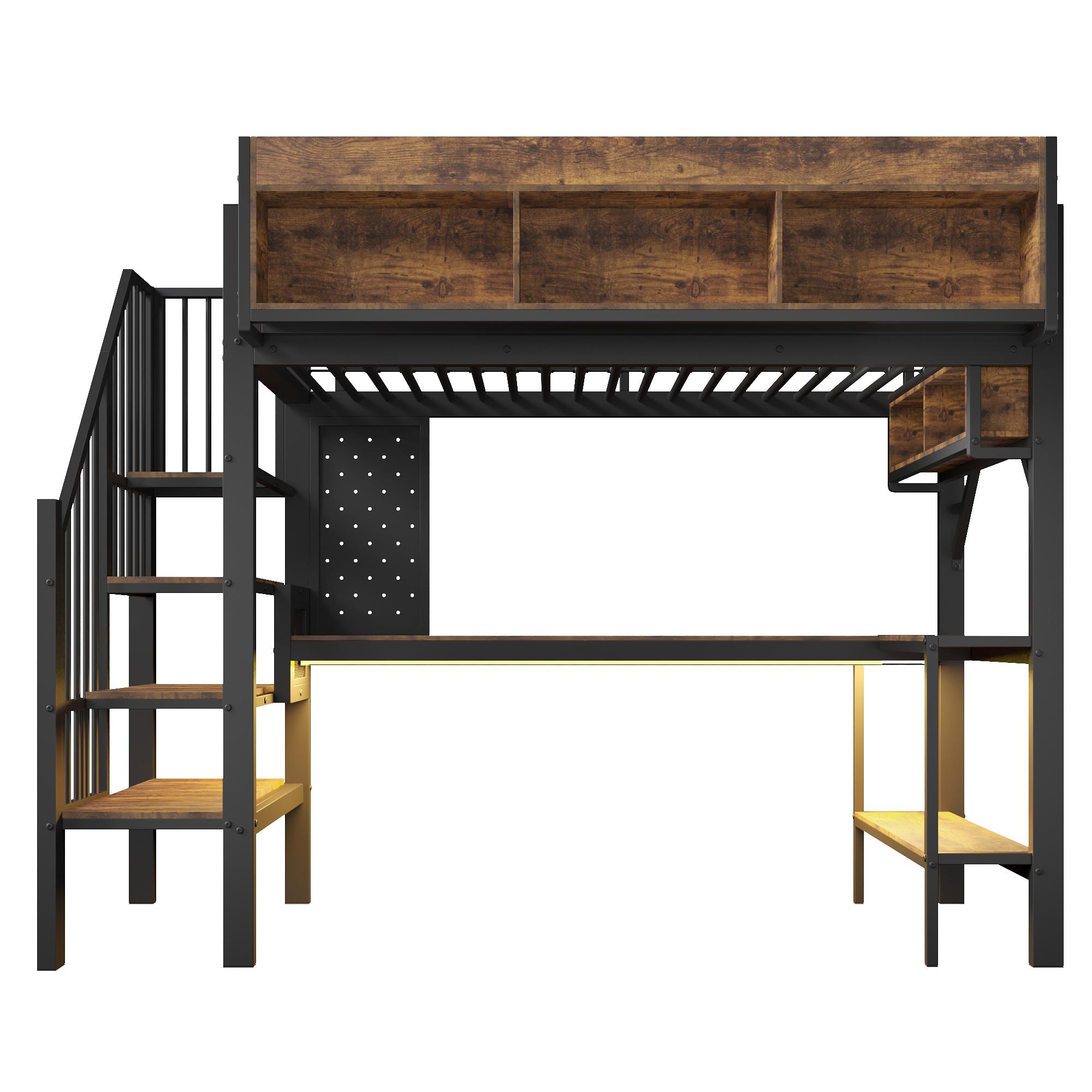 Hochbett 90x200 cm mit Eckschreibtisch, viel Stauraum & Lochplatte, integrierte Steckdosenleiste, 255x114x182 cm, Braun+Schwarz