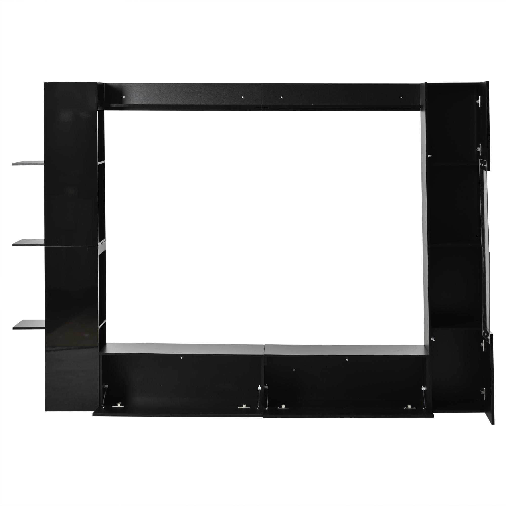 Kompakt-Wohnwand 4-teilig, integrierte TV-Möbelwand mit Vitrine und offenen Regalen, viel Stauraum, 245x30x170 cm, Schwarz