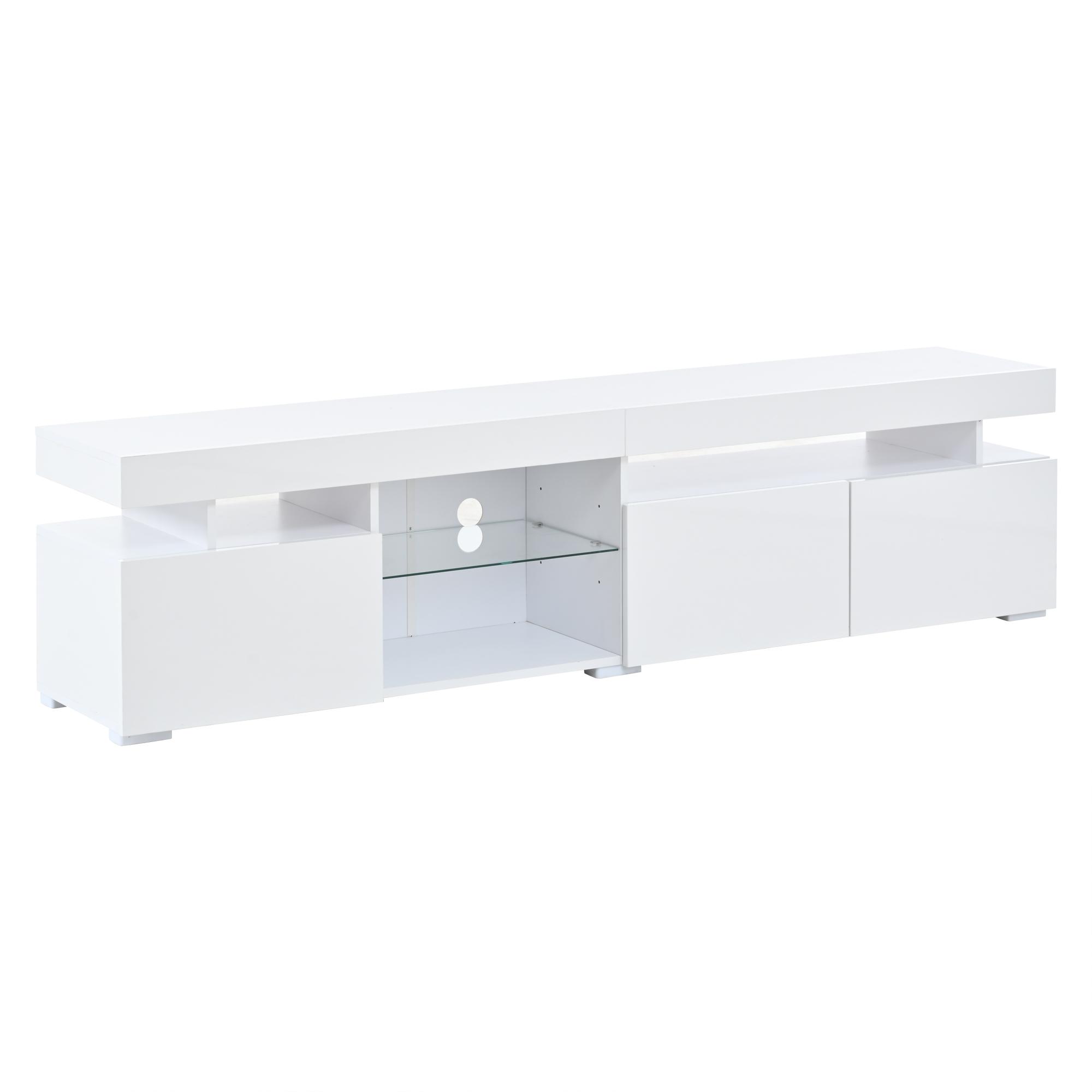 TV-Lowboard mit Hochglanz-Front, verstellbare Trennwand aus gehärtetem Glas, geeignet für Fernseher bis ca. 80 Zoll, 180x35x45 cm, Weiß