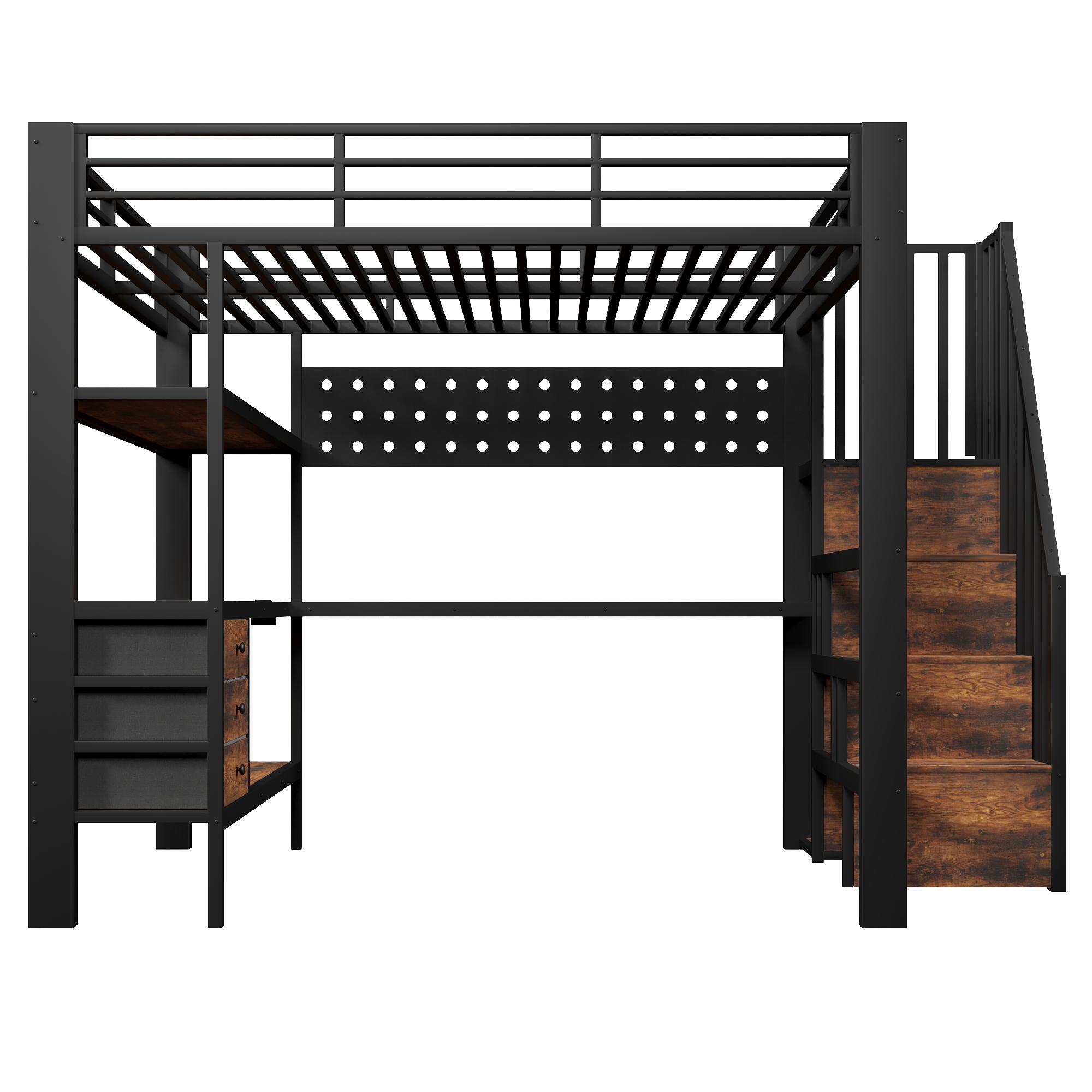 Hochbett 140×200 cm mit integrierter Ablage und 3 Schubladen, ohne Matratze, 251x146x170 cm, Schwarz